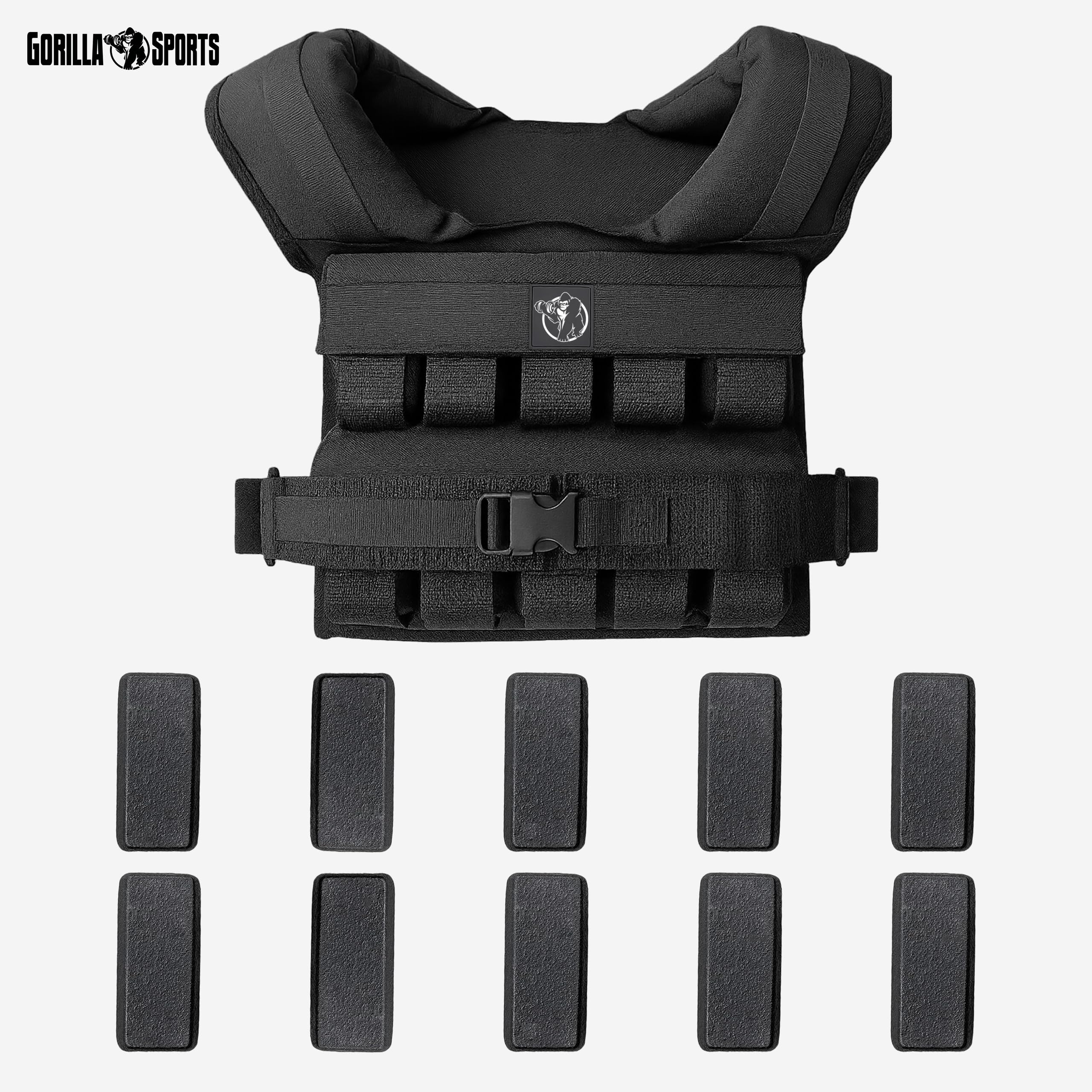 GORILLA SPORTS® Gilet Lesté - 10/20/30 kg, Ajustable, Fer, Mousse TPE, Nylon, Modèle Universel, Noir - Poids Musculation, Weighted Vest, Accessoire Sport pour Homme et Femme, Sport Maison