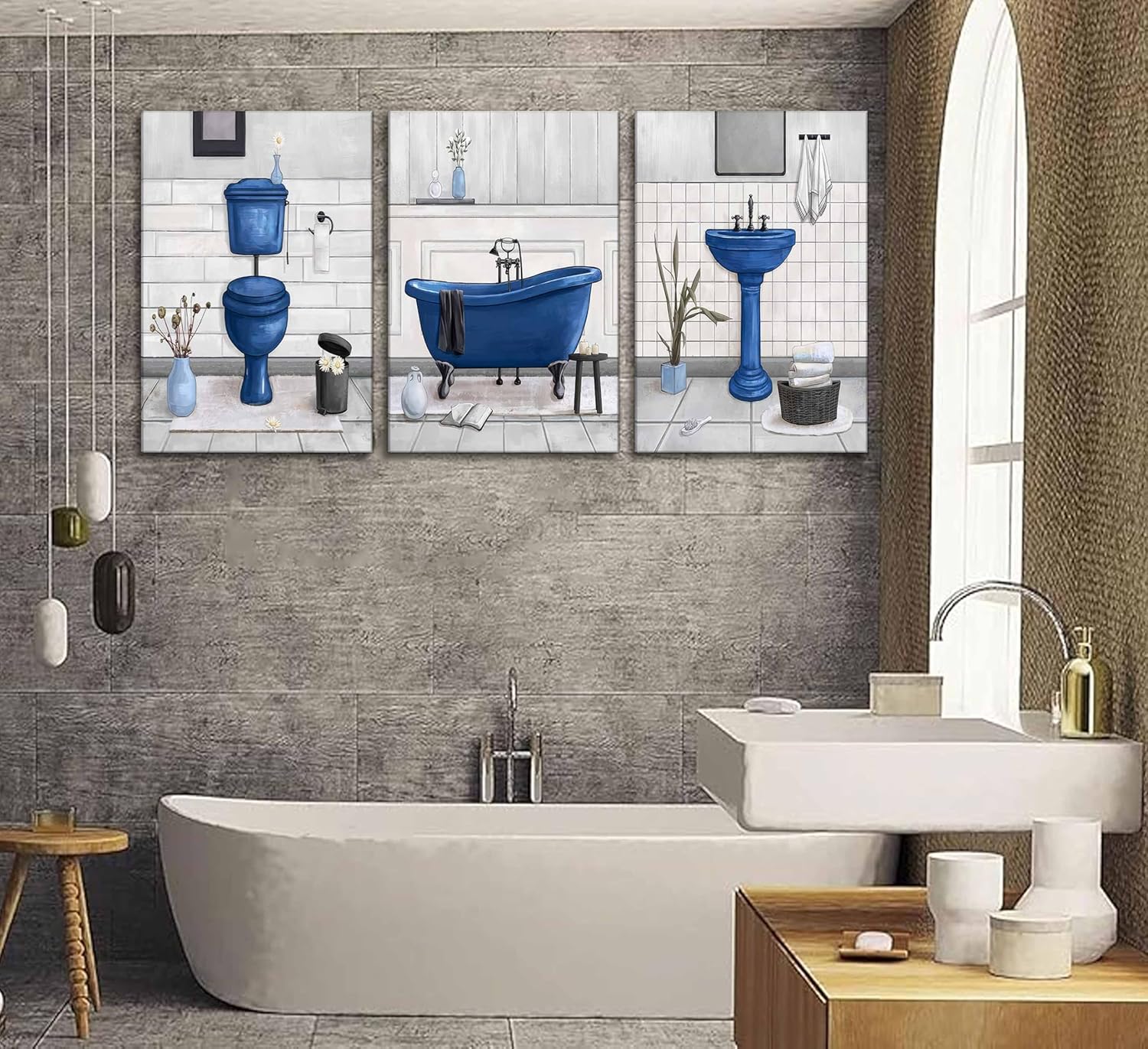 3 Pcs Navy Blue Bathroom Canvas Wall Art Paintings Fun Blue Bathtub and Toilet Paintings Pictures Wall Decor Posters Print Artwork for Washroom Restroom Home Decoration