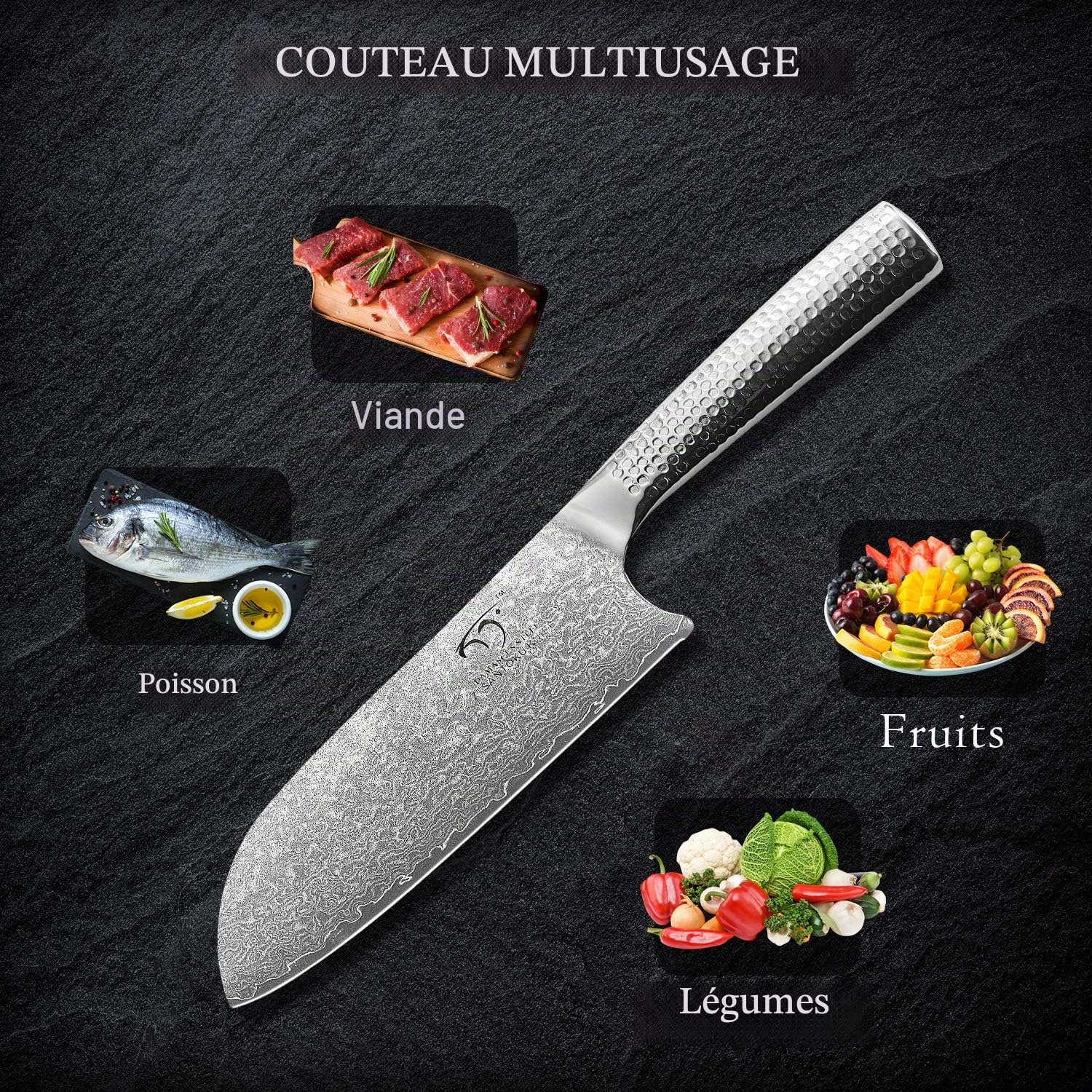 Ensemble de couteaux de cuisine Damas, 3 pièces avec couteau de chef, couteau santoku et couteau à dénuder, acier vg10, 67 couches, lame en acier Damas Premium, manche de marteau tranchant Damas
