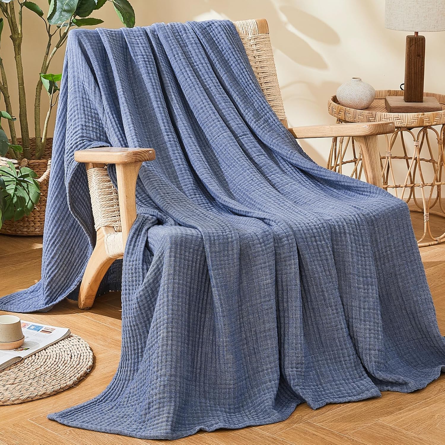 EMME Cotton Muslin King Blanket Bed Layering Bedspread Coverlet Breathable Gauze Soft Lightweight (Heather Navy, 108"x90") - Image 6
