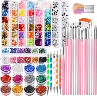 FANDAMEI Nail Art Kit: 15 Brushes, Dotting Tools, 12-Color Fine Glitter, Butterfly Hearts, Foil Flakes, Rhinestones & Dust Brush for Stunning Designs