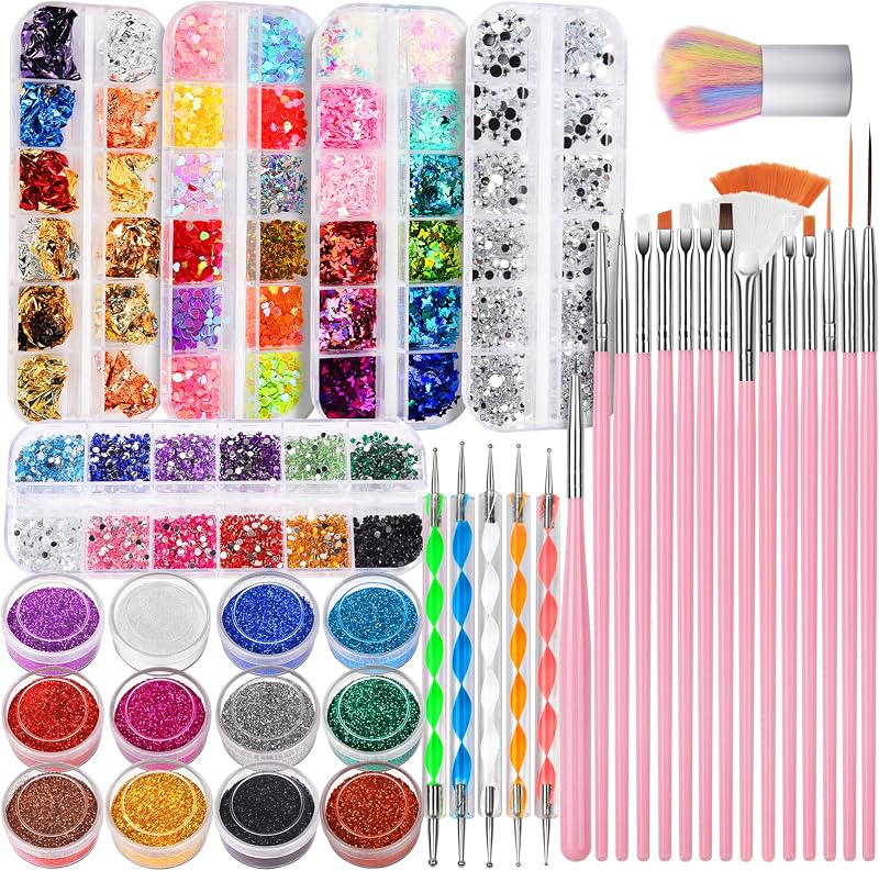 FANDAMEI Kit de decoración de uñas, juego de pinceles para decoración de uñas, kit de diseño de uñas, herramientas de punteado, purpurina fina para uñas, decoración de uñas, mariposa, corazón, purpurina, lentejuelas, copos de papel de aluminio, diamantes de imitación para uñas, cepillo para polvo