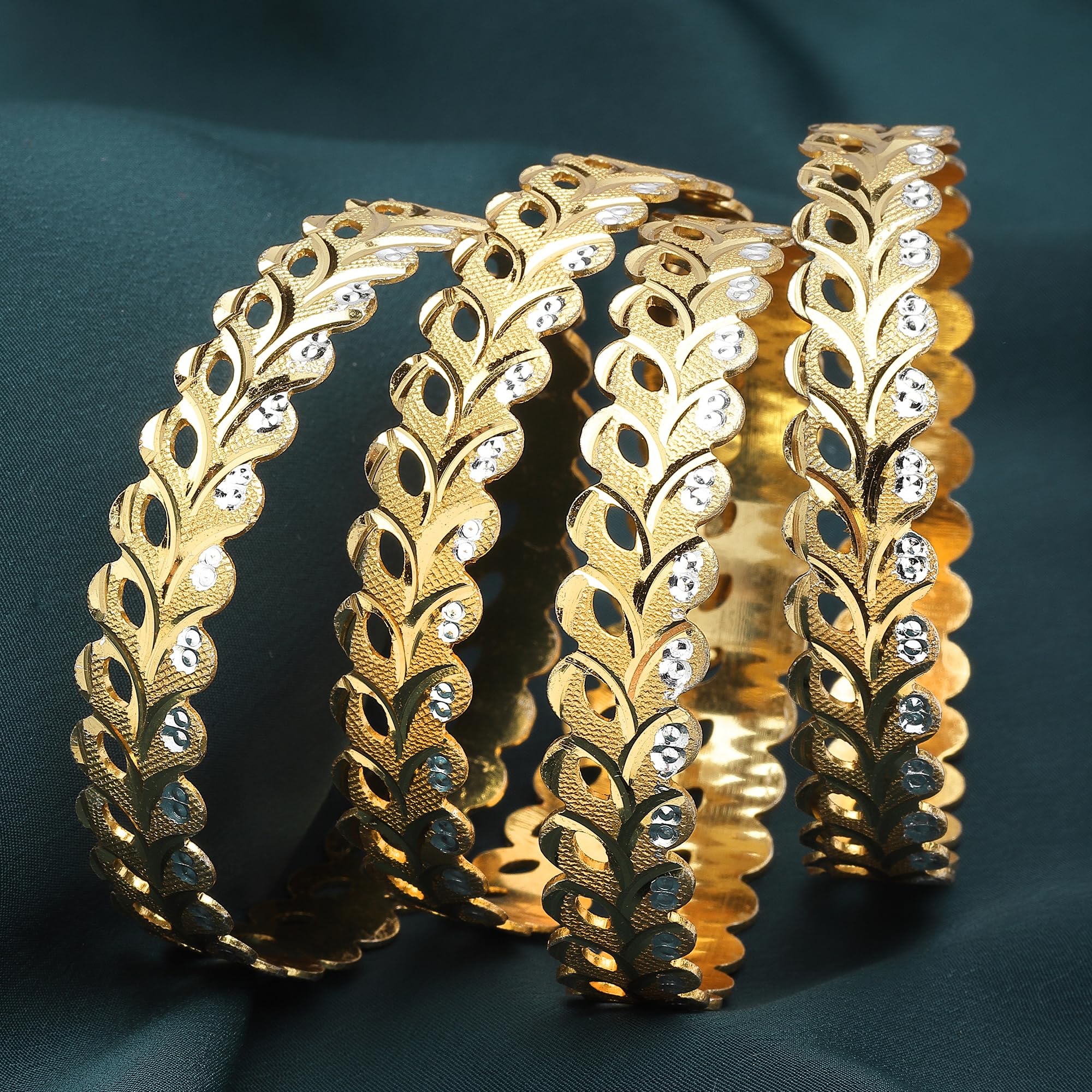 Set Of 4 Brass Dual Tone Leaf Textured Bangles for Women