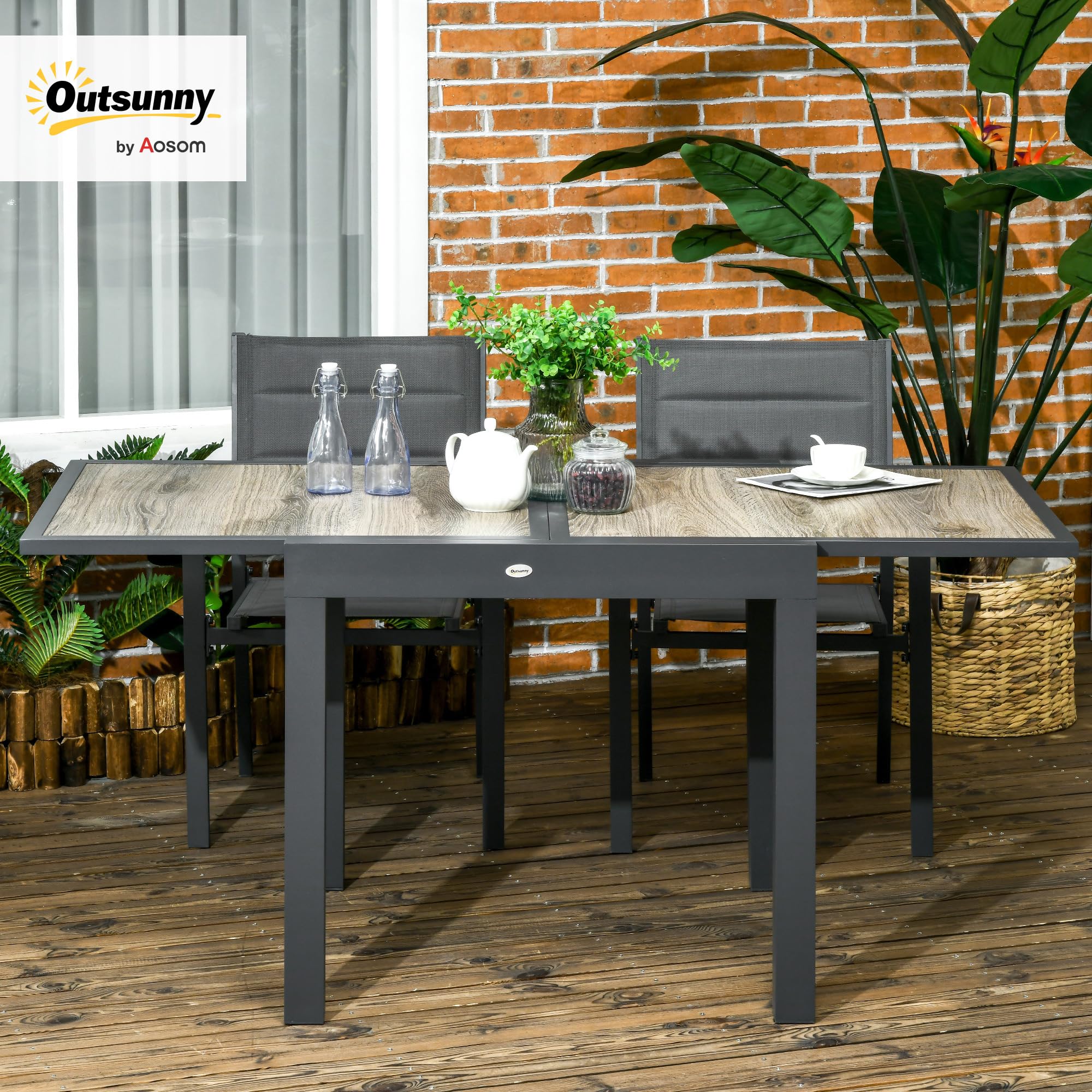 Outsunny Tavolo da Giardino Allungabile da 80/160x80x75 cm, Tavolo da Esterno Estensibile per 6 Persone Rettangolare in Alluminio con Piano Plastica, Per Patio, Terrazzo, Balcone ed Esterno, Beige