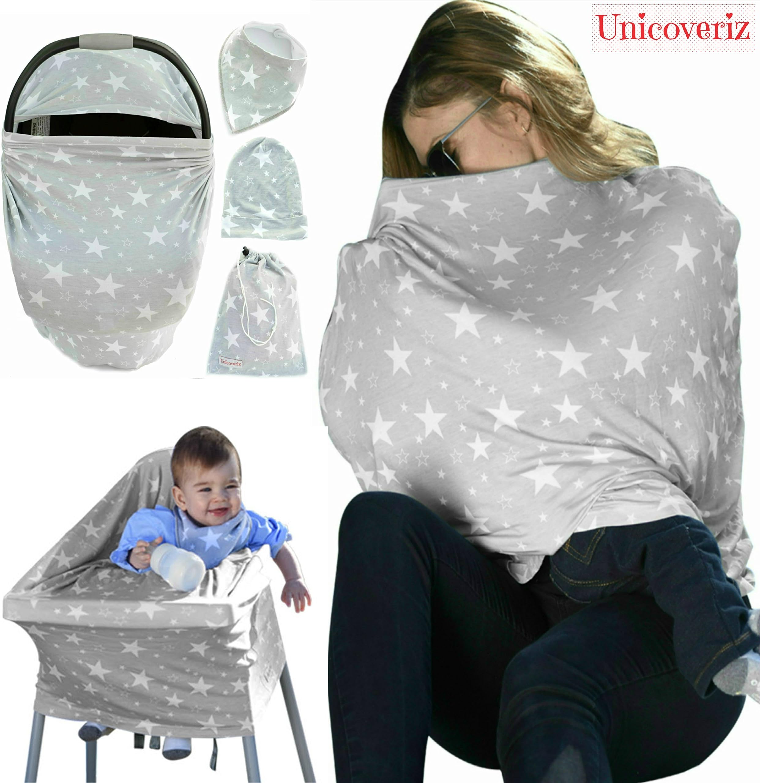 Nursing Breastfeeding Cover Scarf | Baby Car Seat Canopy | Pouch & Gift Pack Set | Highchair, Shopping Cart, Stroller, Carseat Covers - Best Multi-Use Infinity Stretchy Shawl For Girls and Boys