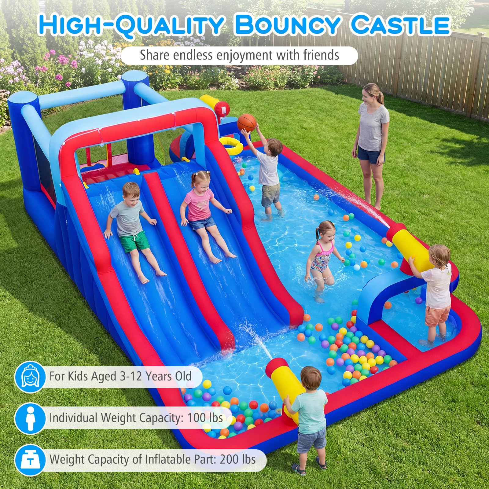 GOPLUS Castillo Hinchable, Castillo Inflable 2 en 1 con Pared de Escalada, Cañones, Piscina de Chapoteo y Tobogán Acuático, Casa de Saltos Infantil para Interior y Exterior, Soplador No Incluido