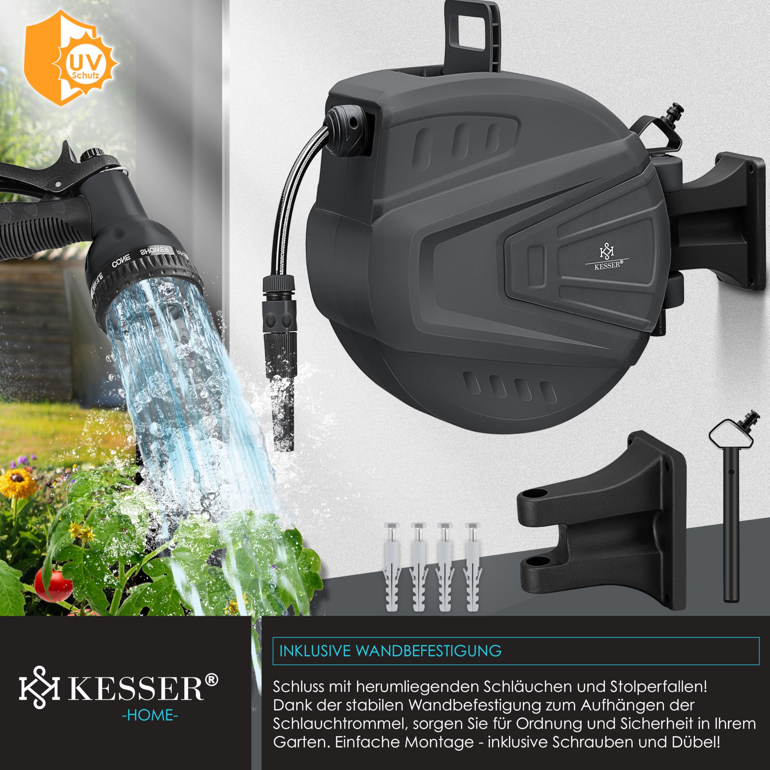 KESSER® automatische Schlauchtrommel 30 m + 2 m, Wand Schlauchbox mit Aufrollautomatik, Schlauchaufroller mit Gartenschlauch, 180° schwenkbar + Multi Handbrause mit 9 Modi, inkl. 2 Aufsätze, Anthrazit