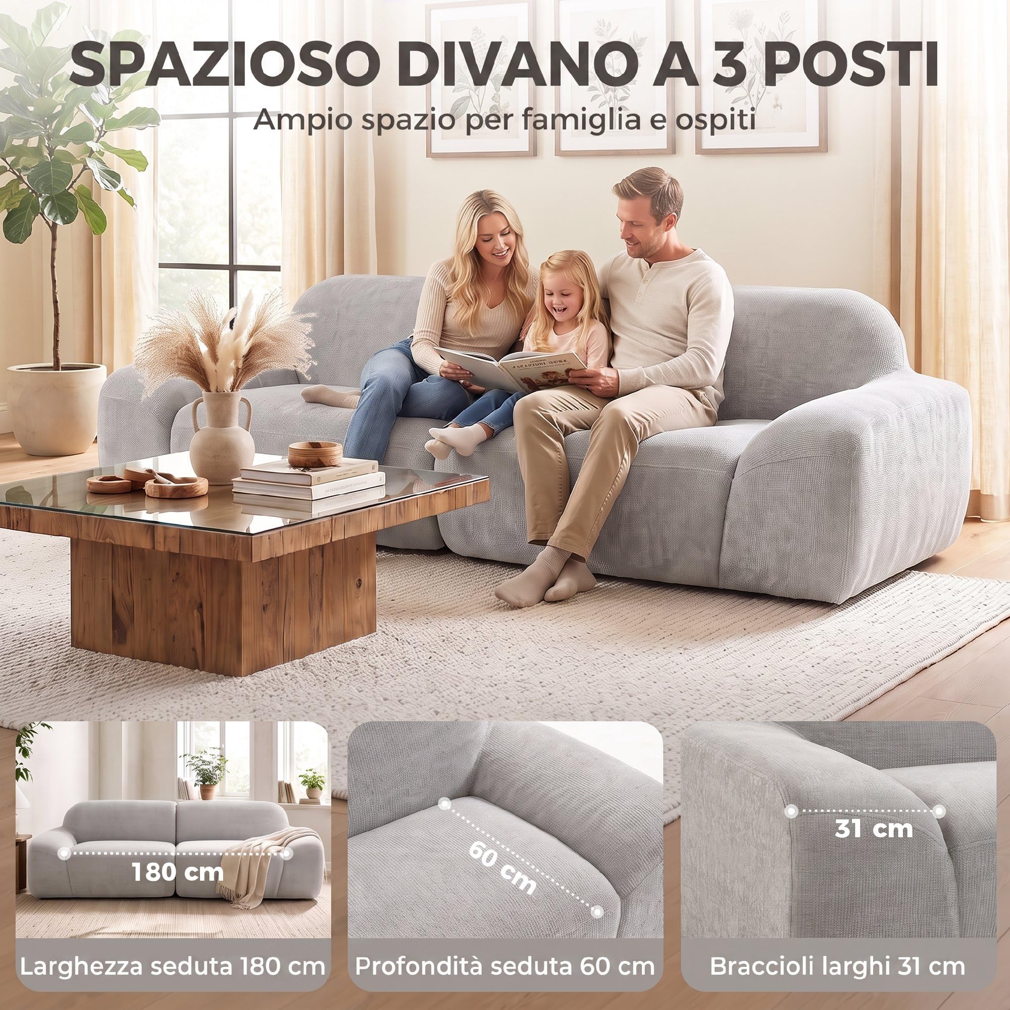 HOMCOM Divano 3 Posti Sofà 244 cm Senza Struttura Moderno Grigio Chiaro
