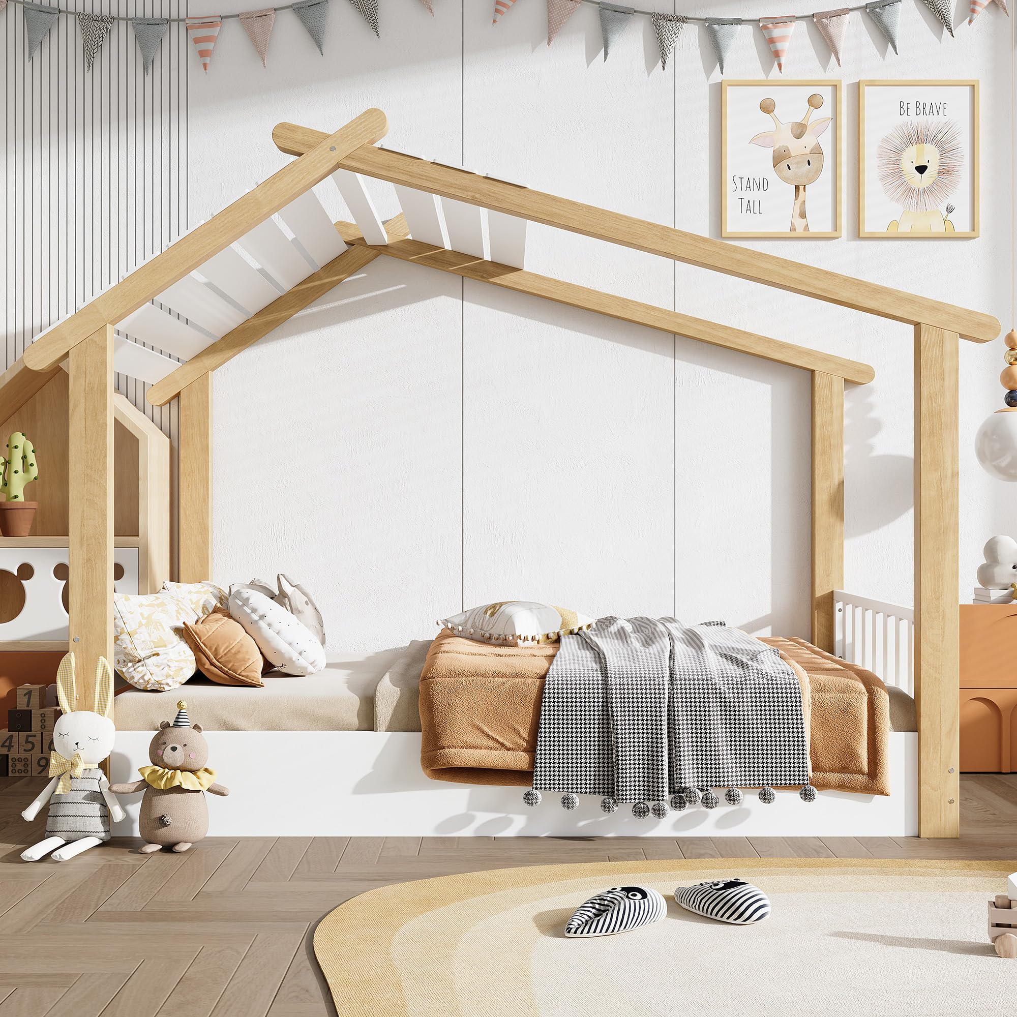 Lits en Bois, Lit d'enfant, Lit Individuel, Exquise Conception en Bois, Stable Lattenroste, Design Schlichtes, Pinier + Spanplatte + MDF, Weiß+Natur, 90x200cm