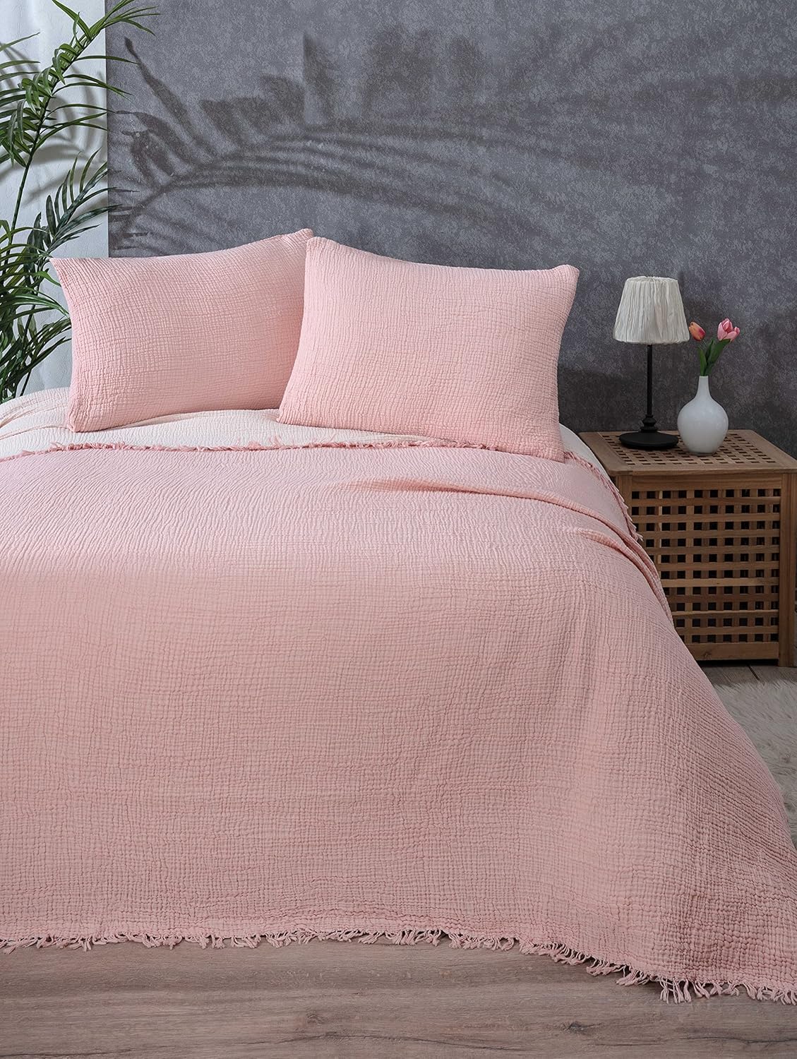 DEKADRON 100% Cotton Muslin Throw Blanket, 4 Layers Bedspread, Soft Turkish Cotton Muslin Bed Cover, Reversible Coverlet, Powder Pink (Throw 40x70 (120x180cm))