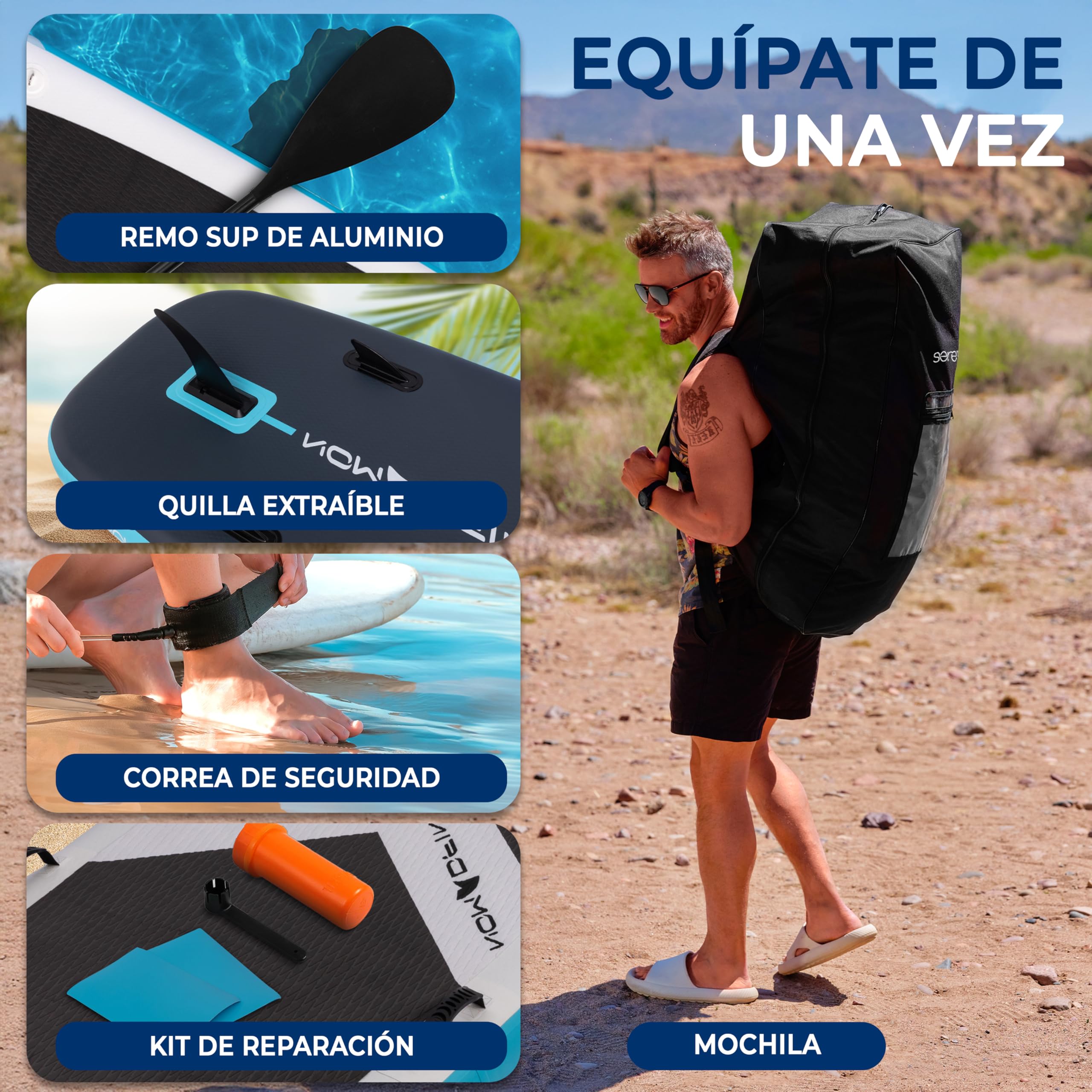 SereneLife Tabla de Paddle Surf Inflable XL, 371 cm, con Almohadilla EVA Antideslizante, Estable, 86 cm de Ancho, Accesorios Premium, Capacidad de 200 kg para 2 Adultos y 1 Niño