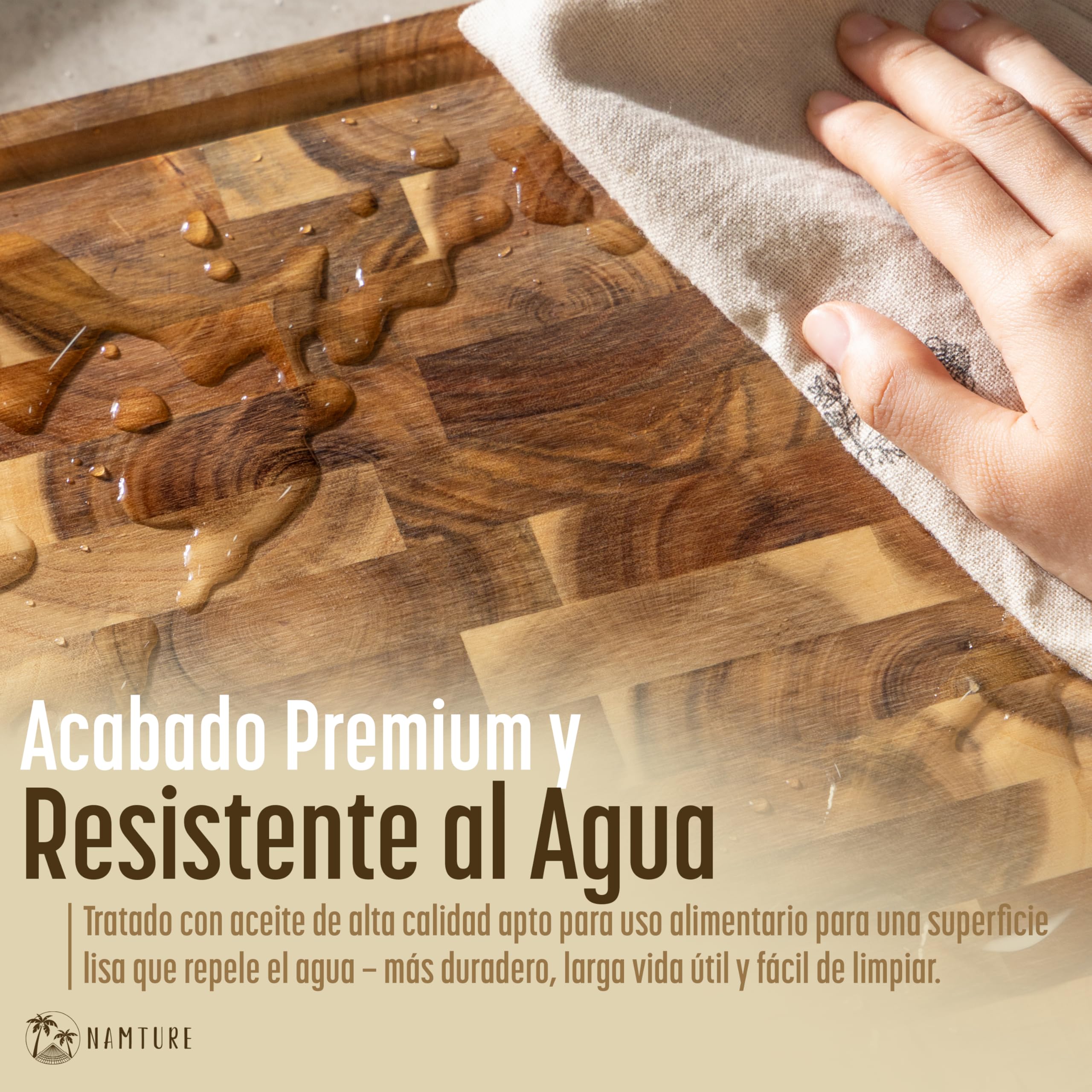 Tabla de Cortar de Madera de Acacia 45x30 cm – Extra Gruesa 4 cm, fibra de testa, acabado con aceite premium, ranura para jugos, asas laterales, pies antideslizantes – caja regalo
