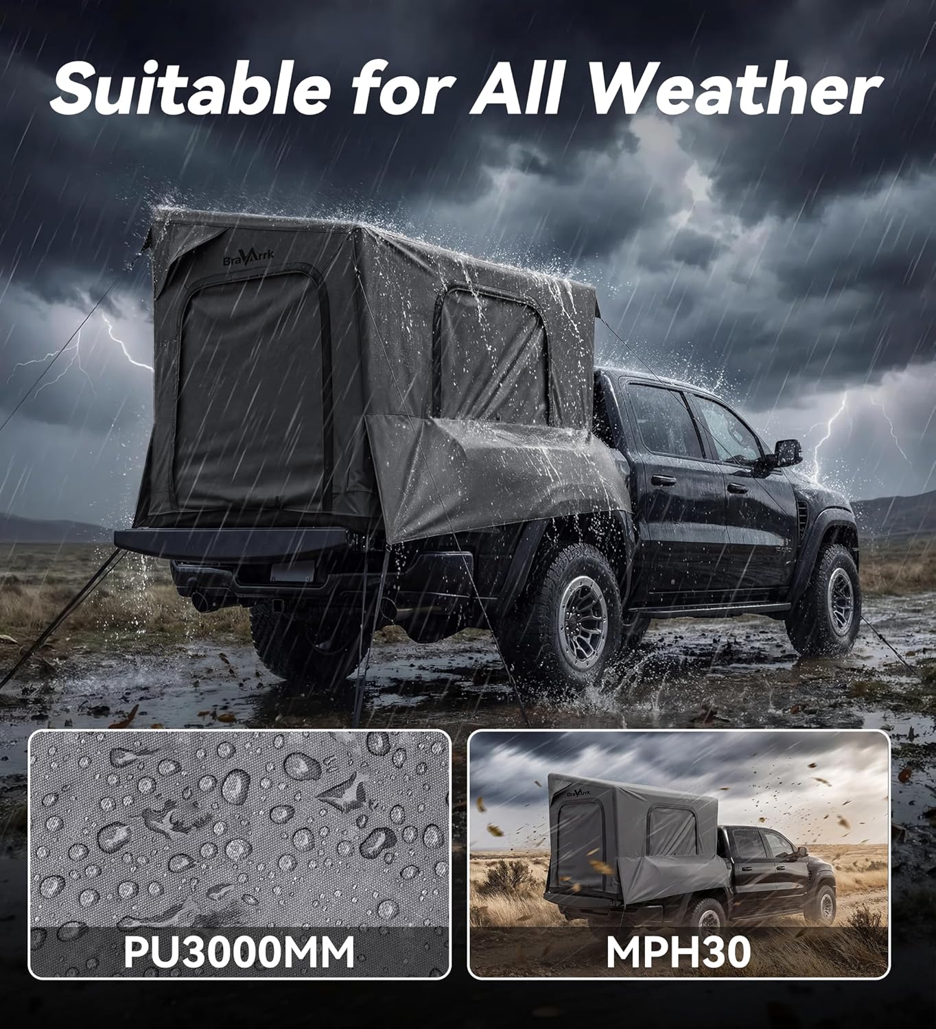 Inflatable Truck Bed Tent with Detachable Zippered Awning, Pickup Truck Tent for 5.5ft-8ft Bed, 2 Mins Fast Setup Blow Up Tent for Truck, PU3000 Waterproof Truck Tent for Camping