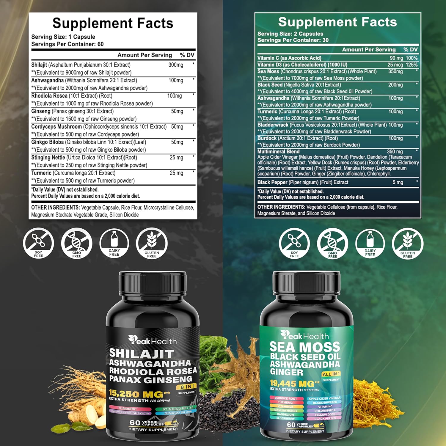 Shilajit Sea Moss Black Seed Oil Ashwagandha Capsules for Man Woman,2 Bottle Combo with Turmeric, Panax Ginseng, Rhodiola,19,445mg Herbal Formula,Energy & Immune Support, 60 Capsules - Image 2