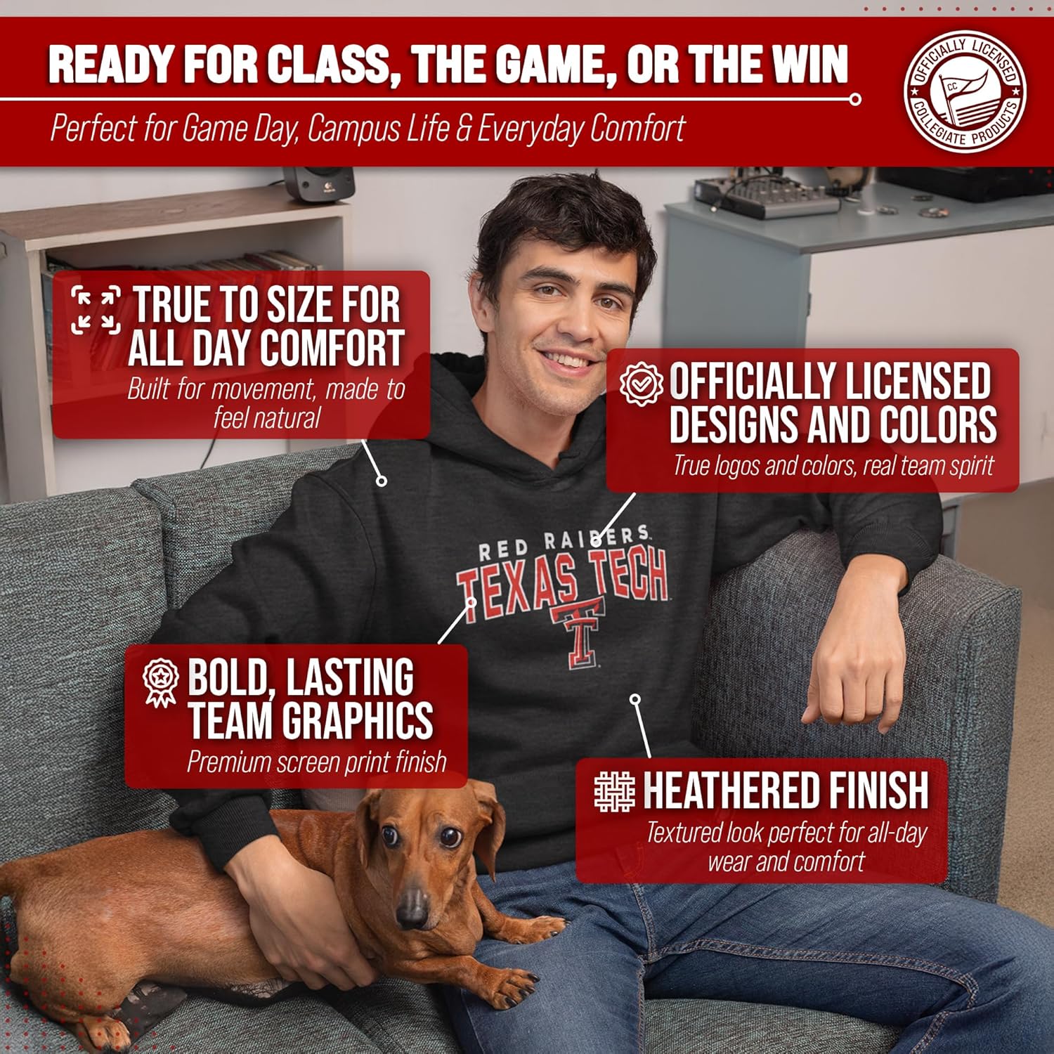 Campus Colors NCAA Adult Unisex Starting Fresh Heathered Hooded Fleece Sweatshirt, Cozy Cotton Poly Blend, Vintage Hoodie