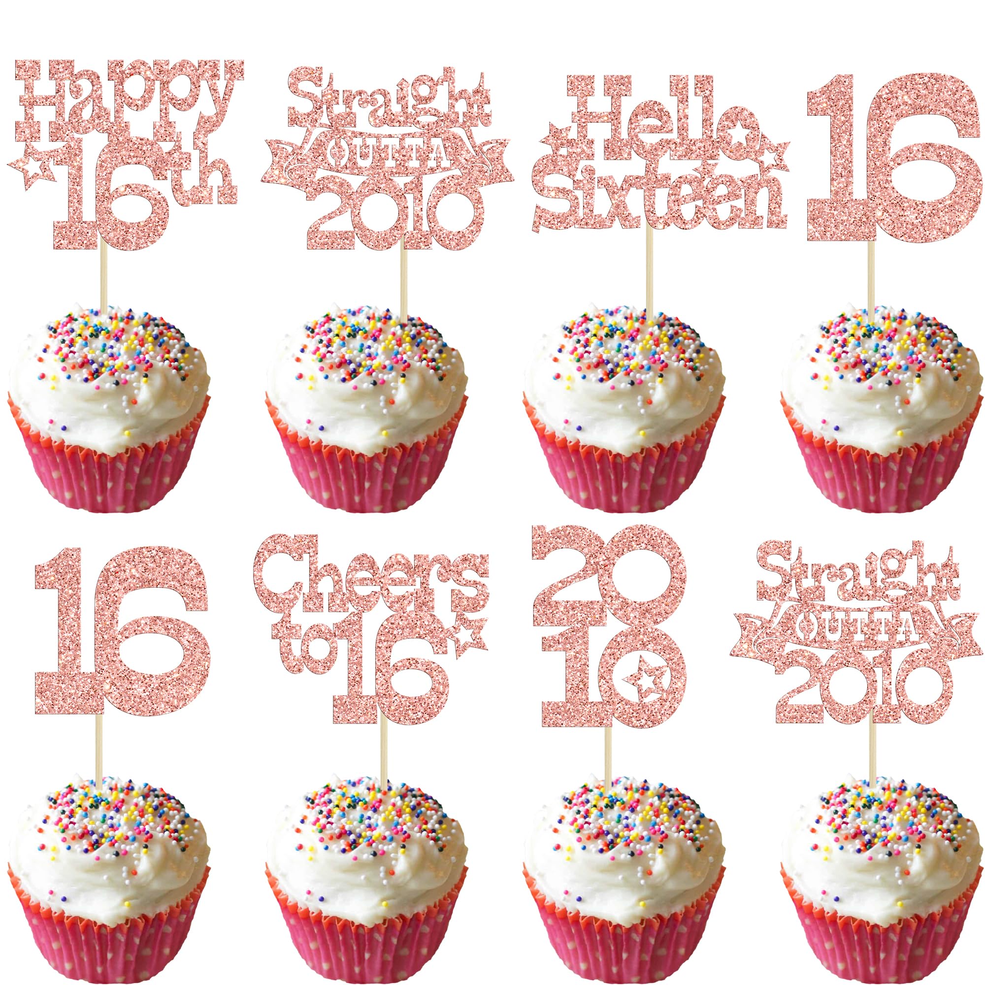 Ephlyn 30Pcs Happy 16th Birthday Cupcake Toppers Glitter Sixteen Straight Outta 2010 Cupcake Picks Cheers to 16 Years Cake Decorations for 16th Birthday Anniversary Party Supplies Rose Gold