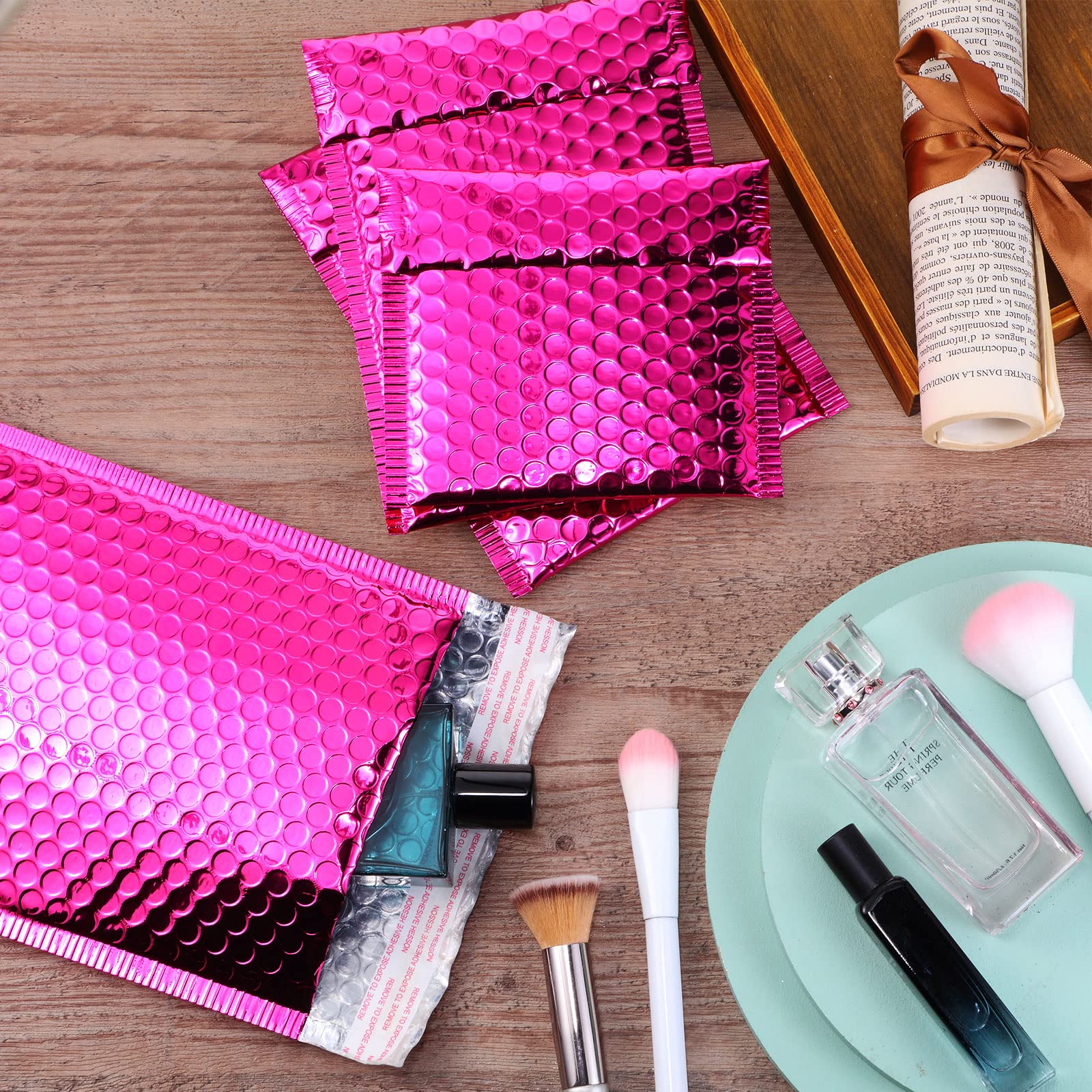 50 buste imbottite metallizzate con bolle per spedizione, buste in polietilene con glitter imbottite, buste adesive con chiusura adesiva, per spedizioni di imballaggio (rosa rosso)