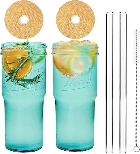 ANOTION Vasos de vidrio de colores con tapas y pajitas  Taza de café de viaje de 24 onzas Tarro Mason de boca ancha Vaso de café helado Vaso de