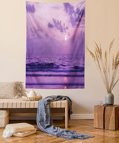 Miniatura 23 de Lunarable Tapiz costero, tumbonas y mar Caribe bajo el parasol naranja, imagen de vacaciones de luna de miel, decoración de tela para colgar