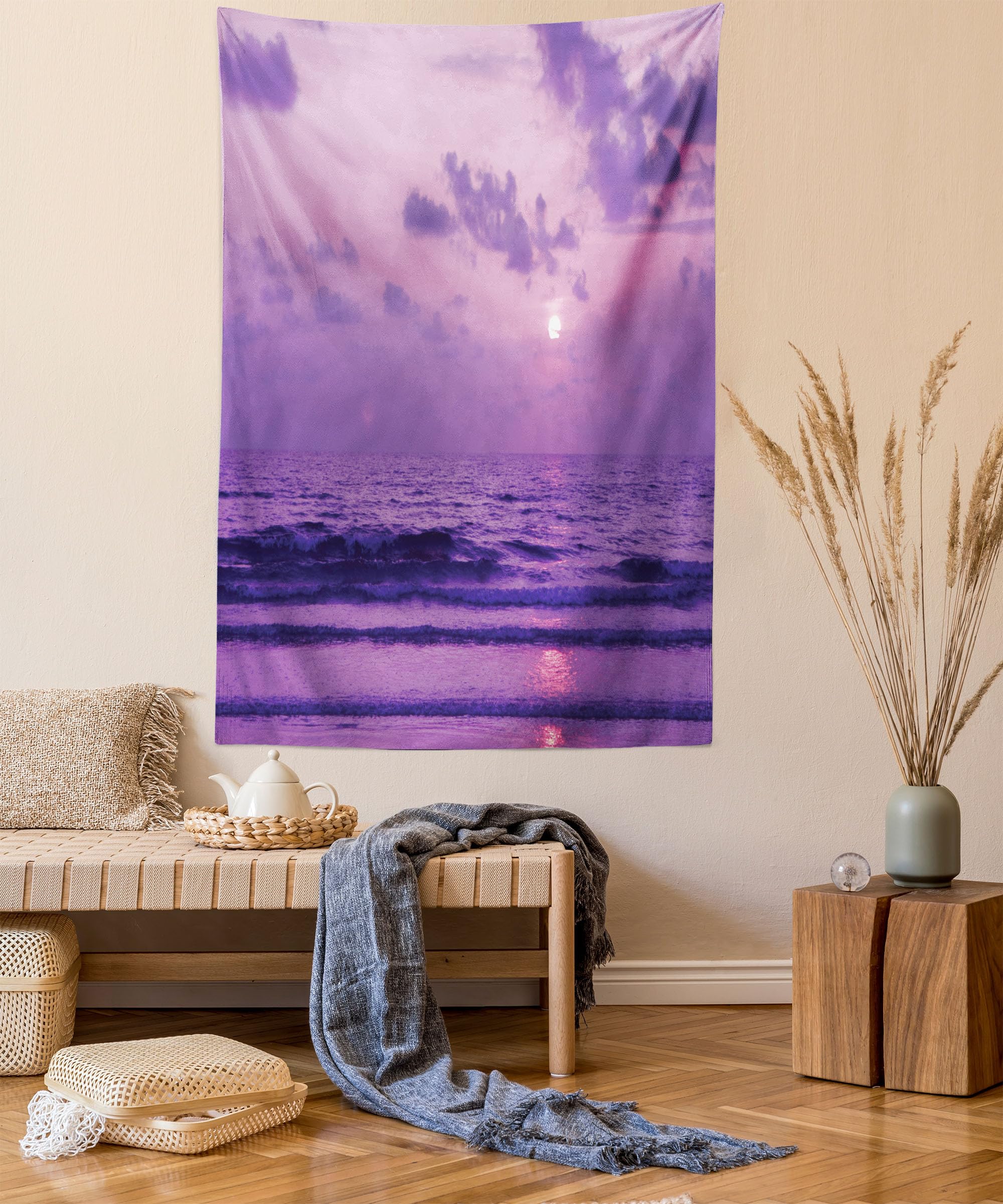 Lunarable Ocean Tapestry Queen Size, Mystic View Sunset Over Tranquil Sea with Small Waves Moving to The Shore, Wall Hanging Bedspread Bed Cover Wall Decor, Queen Size, Lavender Lilac