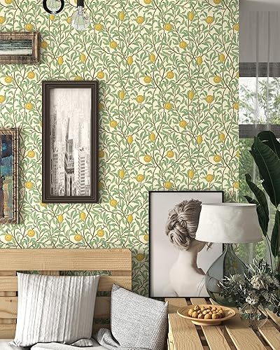 Miniatura 2 de Papel tapiz de limón para despegar y pegar, color beige y verde, 17.3 x 78.8 pulgadas, papel tapiz autoadhesivo extraíble, papel tapiz decorativo