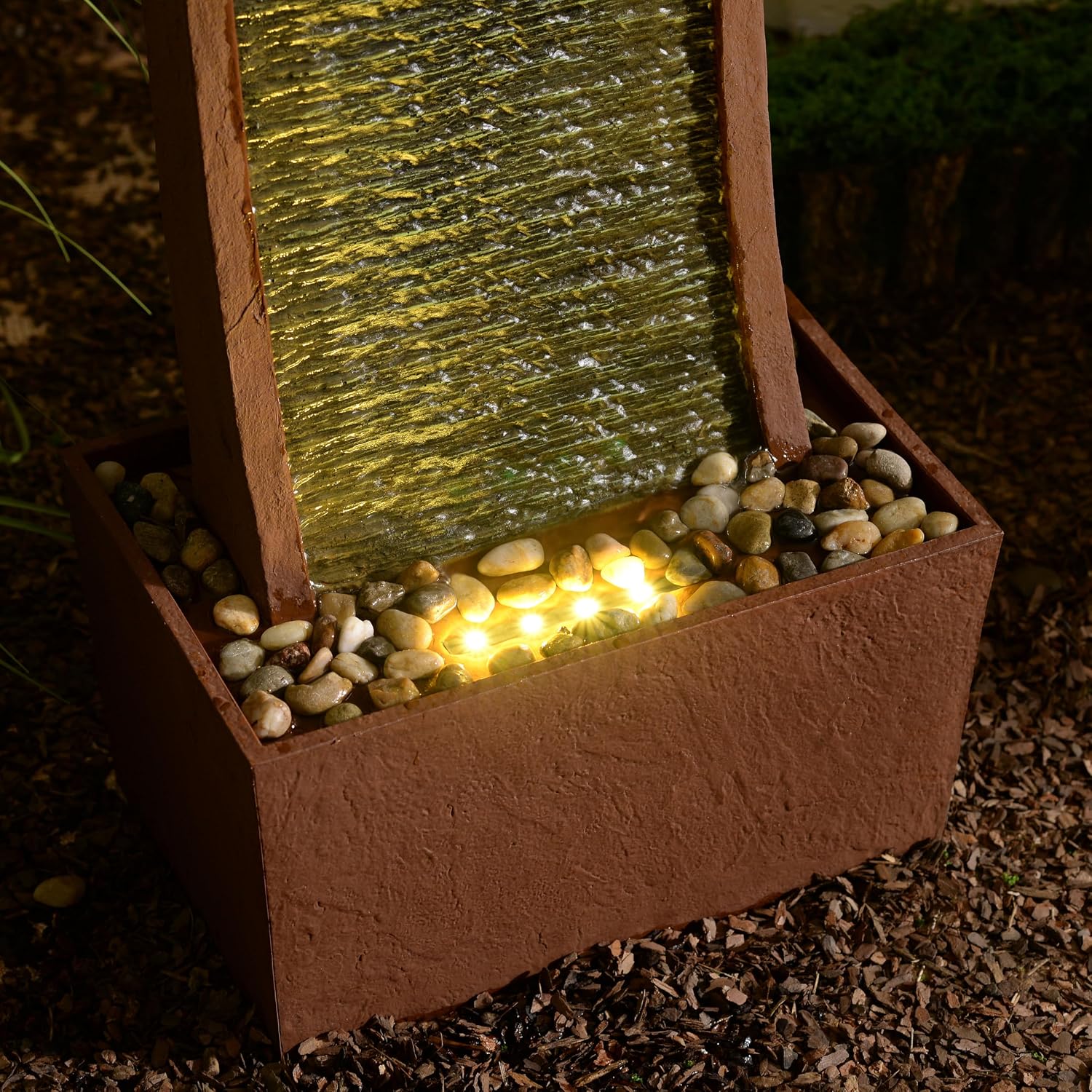 Teamson Home 38.5" Indoor/Outdoor Modern Curved Faux Slate Waterfall Fountain with LED Lights, Red Rock