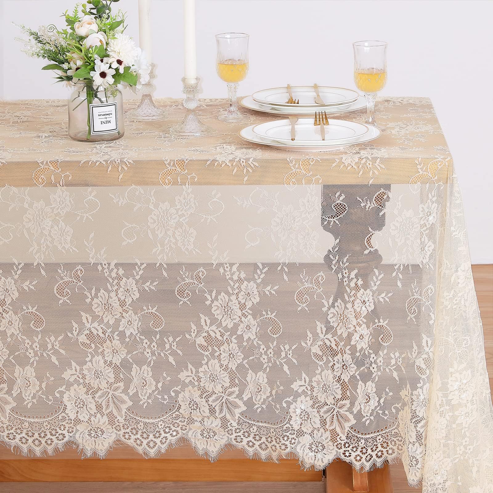 BrillShine Cream Lace Table Cloth Rectangular Vintage Floral Lace Tablecloth for Wedding Party Dining Table Decor 150 x 300 cm