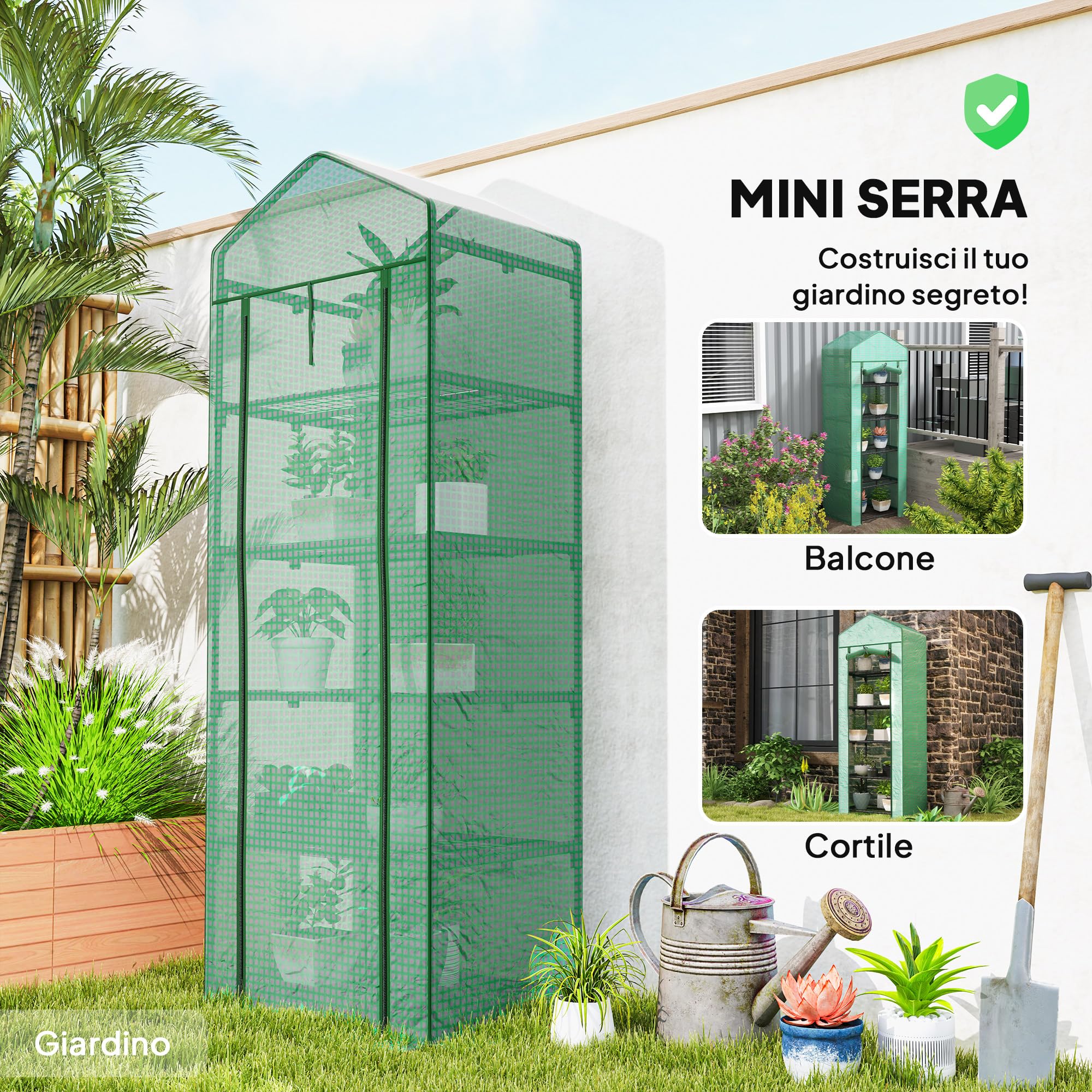 Outsunny Serra da Balcone a 5 Livelli con Porta Avvolgibile, Serra per Orto con Struttura in Acciaio e Copertura PE, per Piante Orto Verdure Fiori Frutta, 69x49x193 cm, Verde