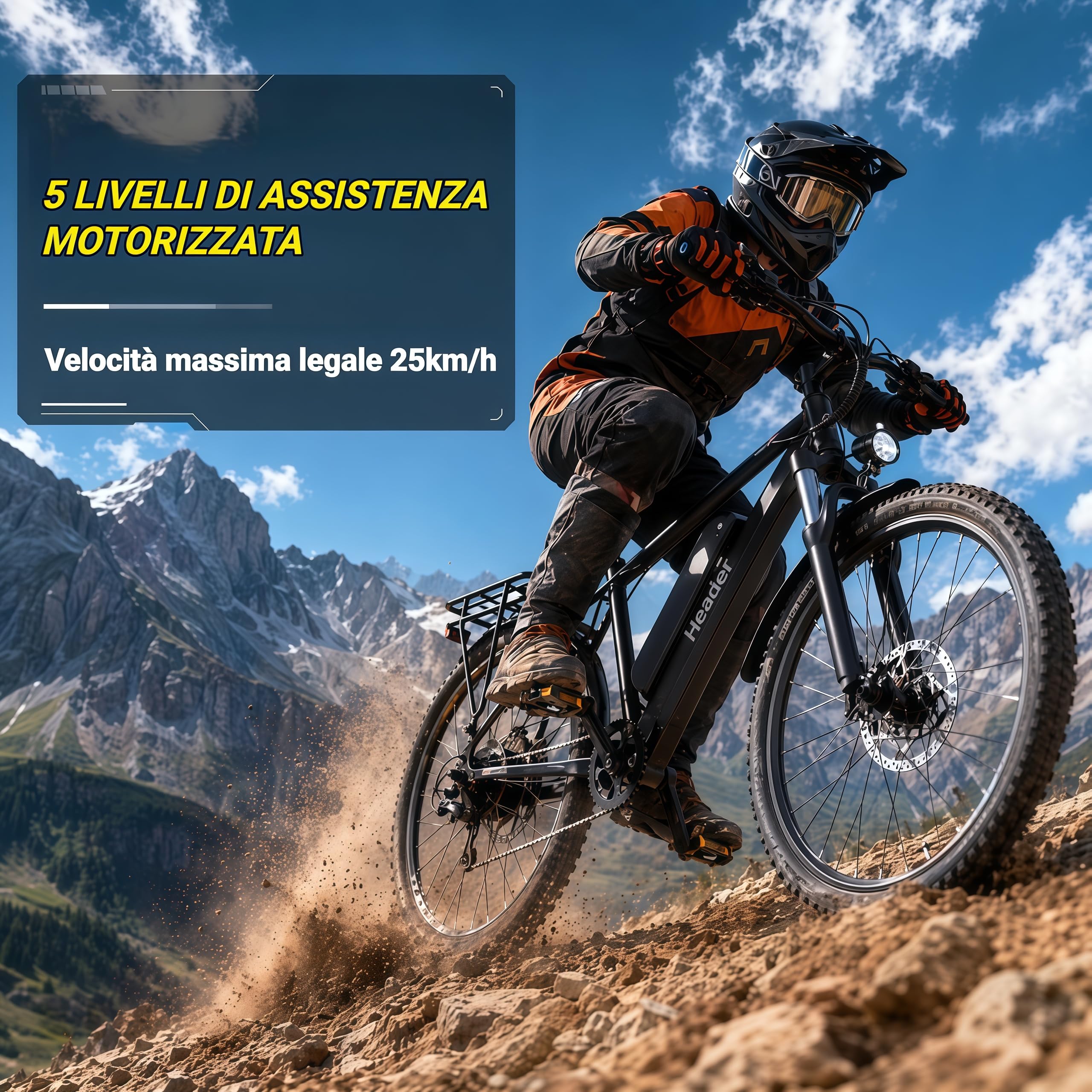 Bici Elettrica BK900 26" Mountain Adulti, Batteria Litio 48V 15Ah Rimovibile, Freni a disco meccanici, Forcella Ammortizzata, 5 Assistenze, Autonomia 90‑120km, Velocità 25km/h, Portapacchi Posteriore