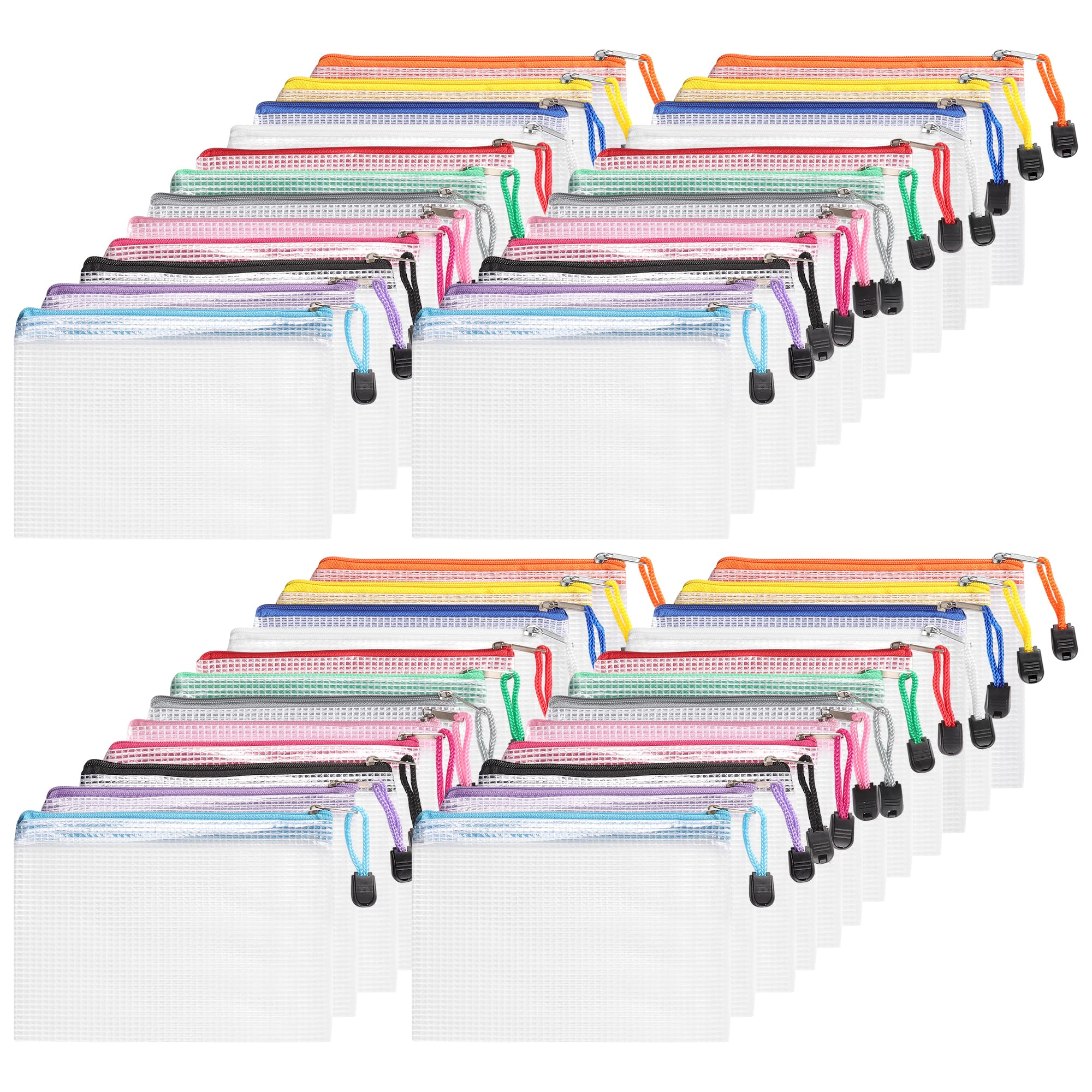 TAICHEUT 48 PCS A6 Mesh Zip Lock Bags, 12 Colours Clear Plastic Document Wallets, Waterproof File Pouch for Office Supplies, Travel Storage, Cosmetics