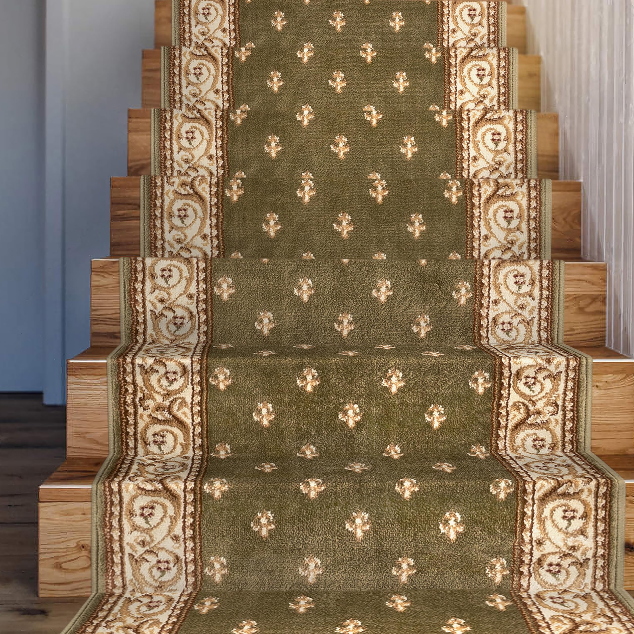 Well Woven Custom Size Hallway & Stair Runner - Barclay Fleur de Lis Green 27 Inches Wide x 20 Feet Long Runner (27