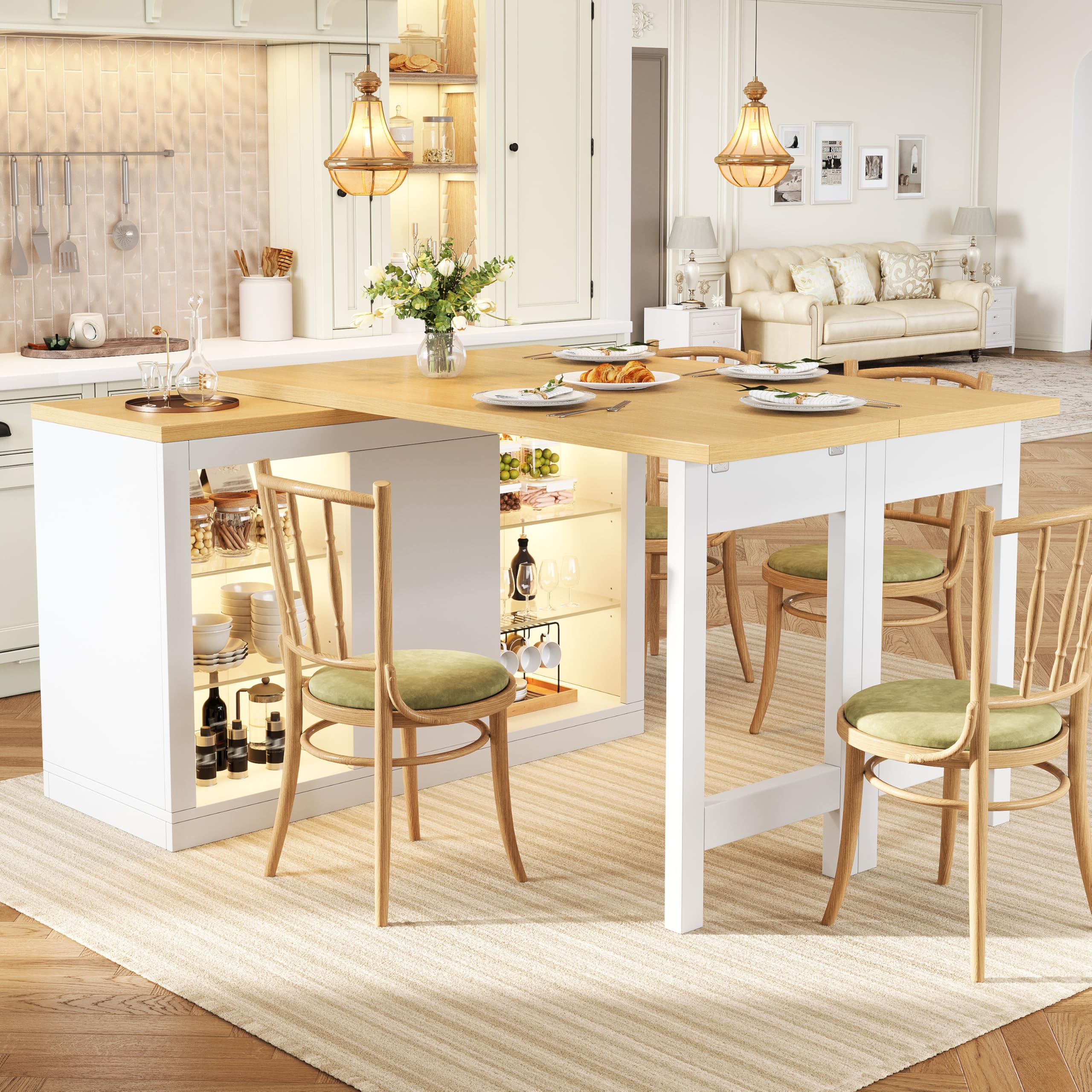 BTM Scandinavian Kitchen Island with LED Glass Display Cabinet Rotating Extendable Dining Table with Drop-leaf, Sideboard White