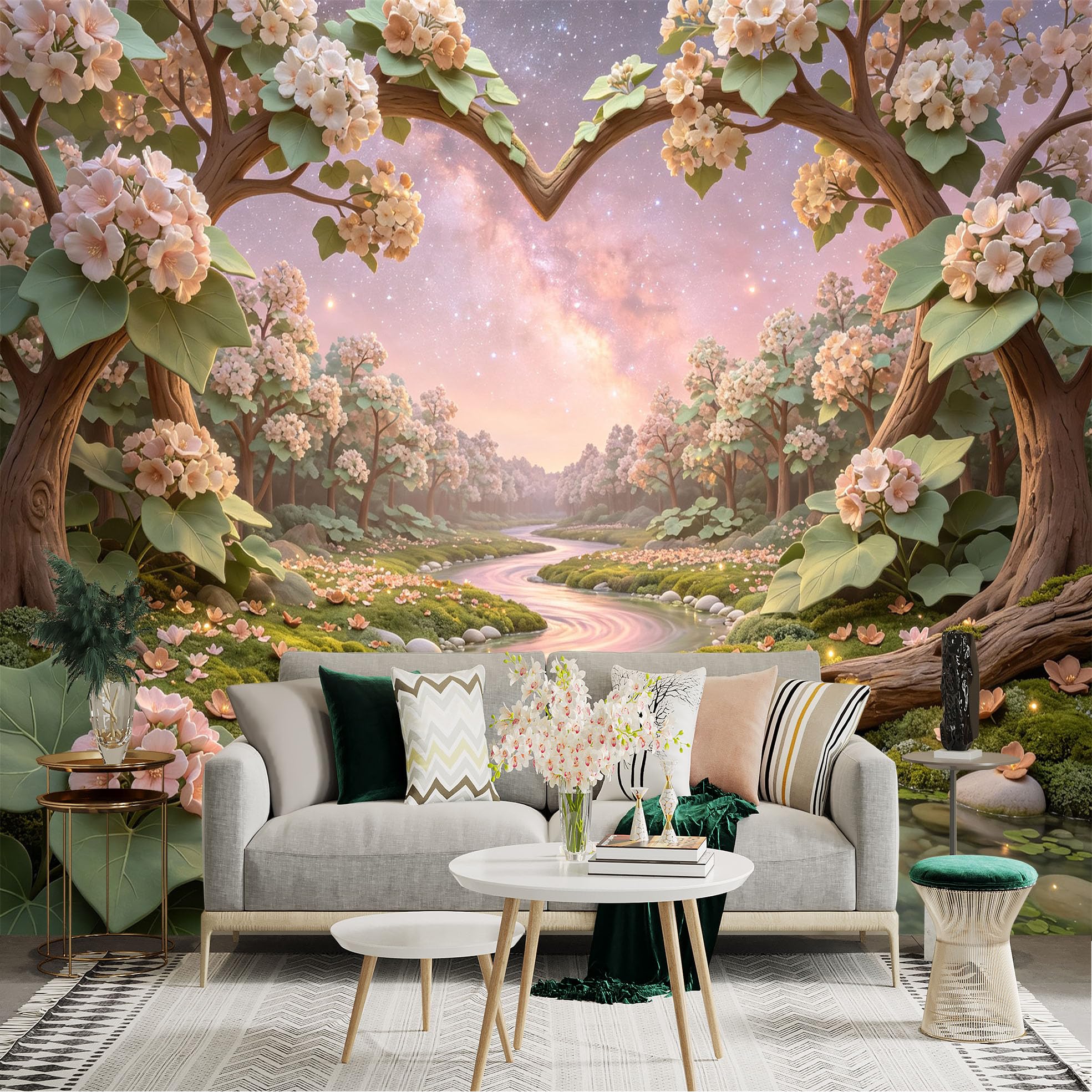 Lnzczhyre Bh260719097 Custom Size Wall Sticker Mural， Heart Shaped Blossom Trees， Serene River Landscape， Enchanted Floral Forest， Dreamy Pastel Galaxy Sky， For Wall Decoration， Peelandstick Wall Decals.