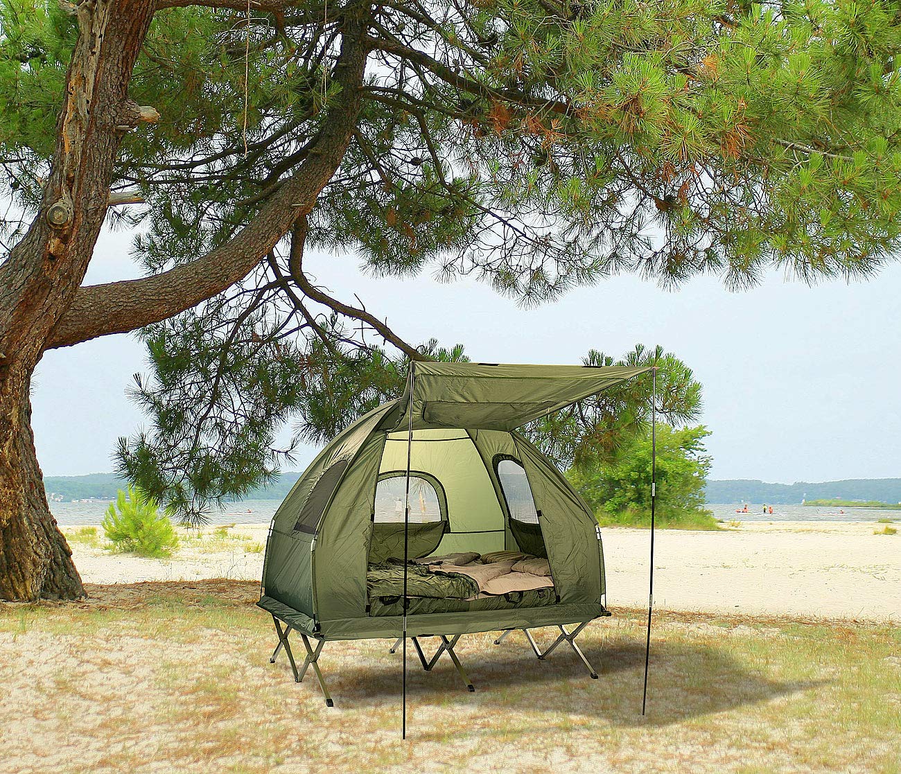 Semptec Urban Survival Technology Campingbett 2 Personen: 4in1-Doppelzelt, Feldbett, 2 Winterschlafsäcke, Matratze, Sonnenschutz (Feldbett Zelt, Outdoorbett, Zwei)