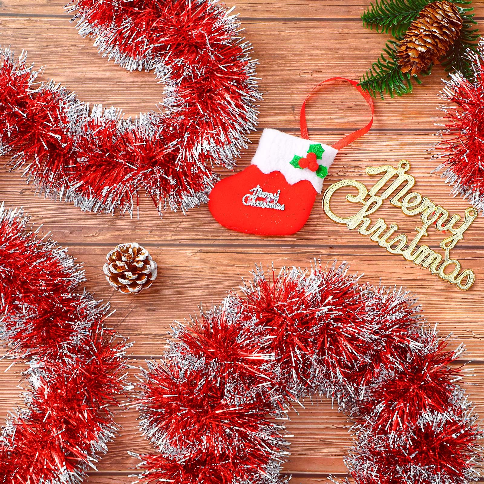 50ft Red Christmas Tinsel Garland Xmas Tree Garland Decorations, image size:1600x1600