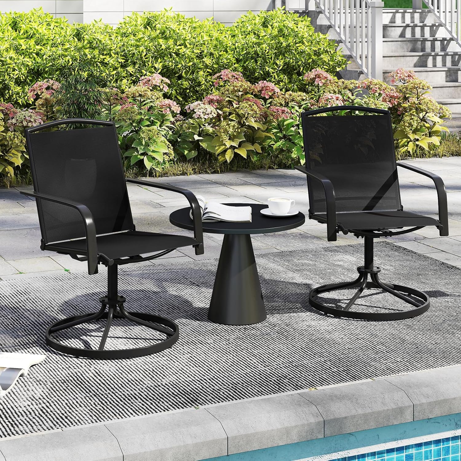 Tangkula Outdoor Swivel Chairs Set of 2, Patio Rocker Chairs with High Back, Armrests, Breathable Seat, Metal Frame, Heavy-Duty Dining Chair for Garden, Backyard, Poolside, Bistro (1, Black)