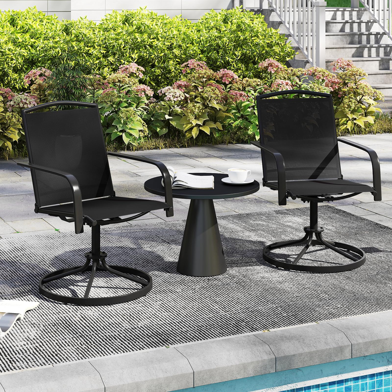 COSTWAY Gartenstühle 360° drehbar, 2er Set Terrassenstühle mit schnell trocknendem Stoff, Drehstühle, Balkonstühle bis 150 kg belastbar für Garten, Hinterhof, Balkon (Schwarz)