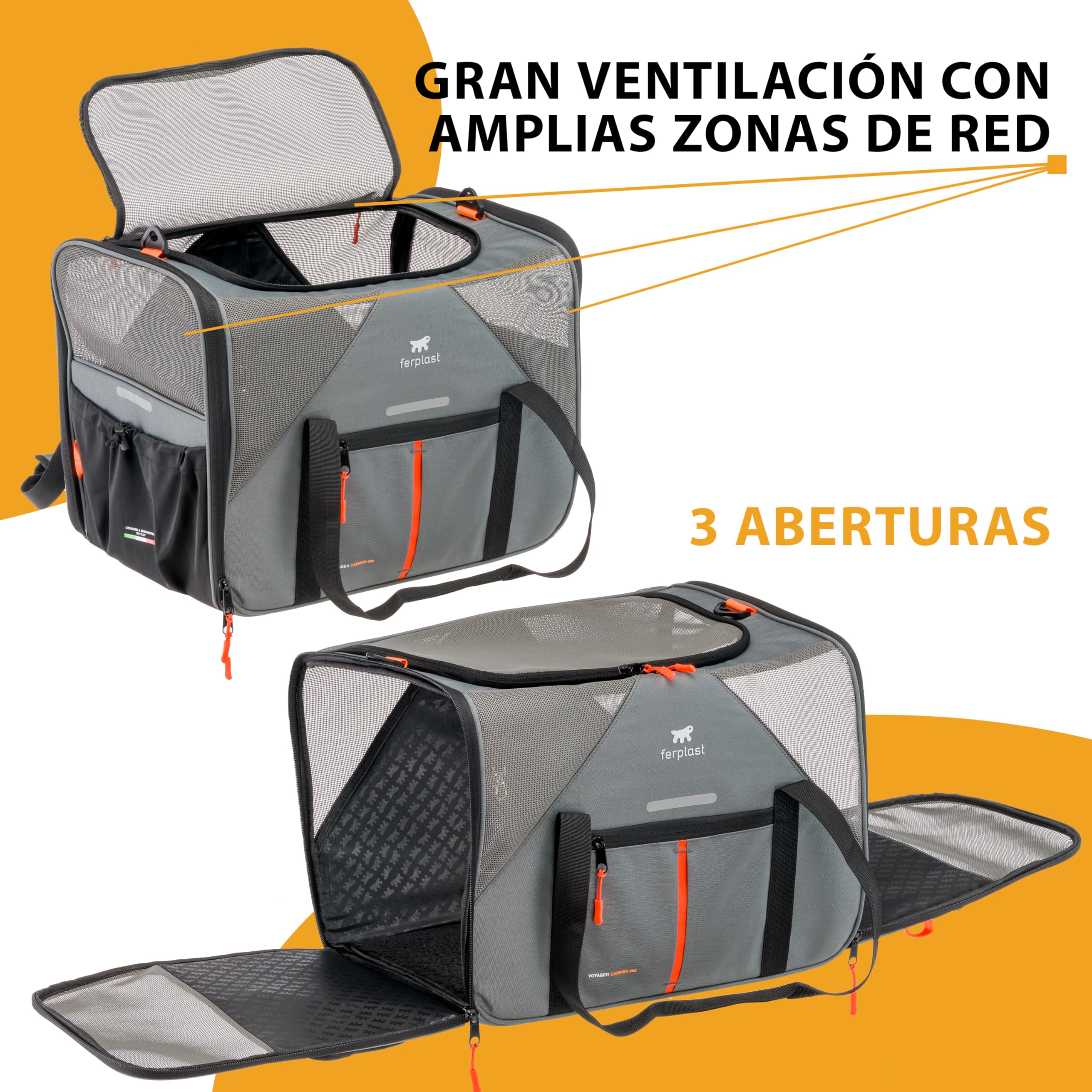 Ferplast Transportín Gato Voyager Carrier, Transportín Perro, Mochila para Gatos, Asas y Bandolera Regulables, Correa de Seguridad, Doble Apertura Lateral, con Cojín, Máx. 15 kg, 45x30x h33 cm, Gris