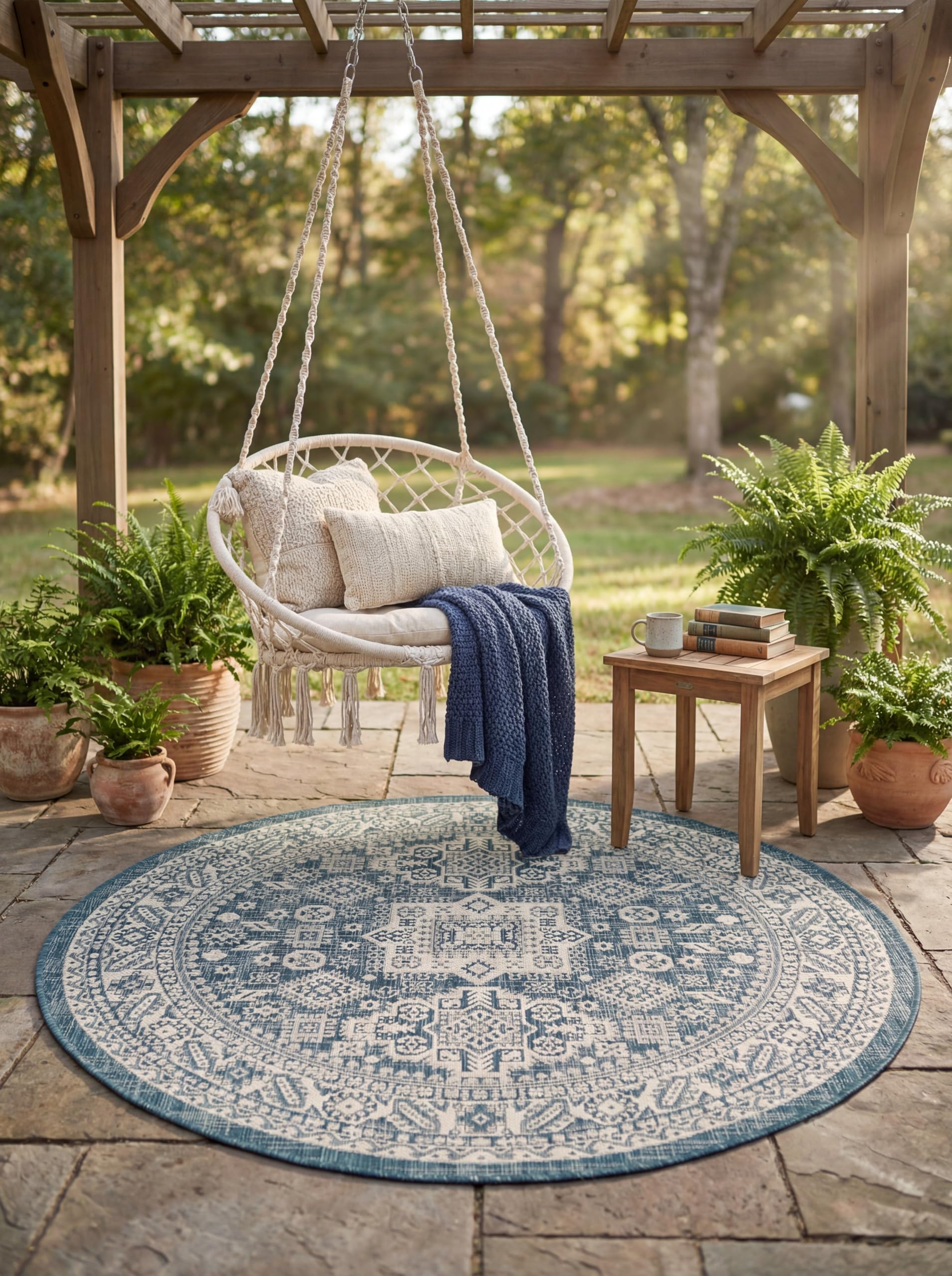 Rugs.com Outdoor Aztec Collection Rug – 10 Ft Round Blue Flatweave Rug Perfect for Kitchens, Dining Rooms