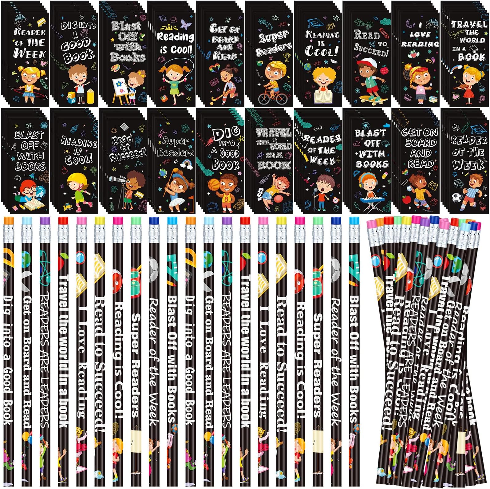 240 Pcs Reading Bookmarks Pencils Bulk 120 Set Fun Bookmarks Pencils Reading Student Gifts 100th Day of School Prizes Classroom Reward Supplies for Book Lover Club Favor Bookish