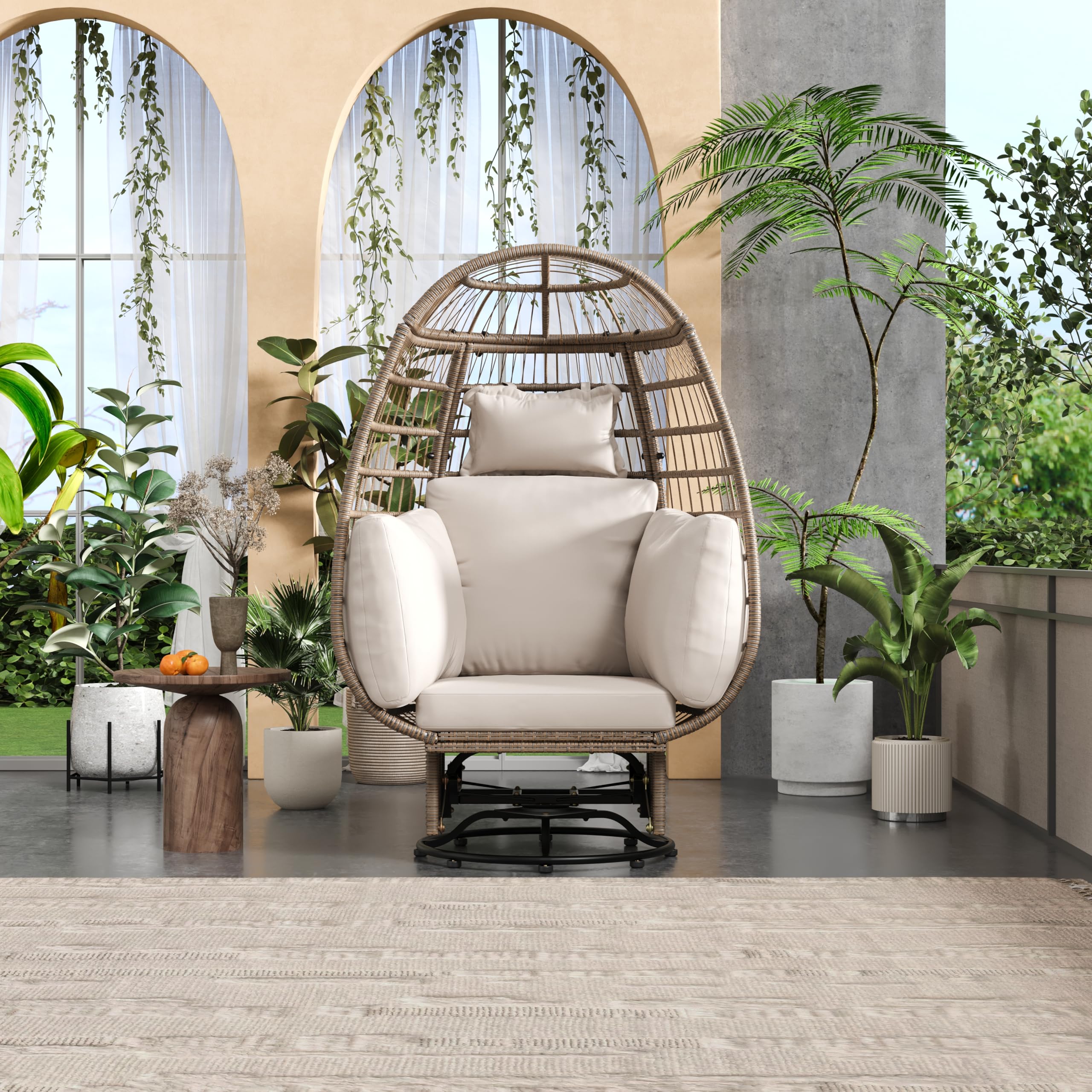 TREXM Outdoor Swivel Chair with Cushions, Rattan Egg Patio Chair with Rocking Function for Balcony, Poolside and Garden (Natural Wicker + Beige Cushion)