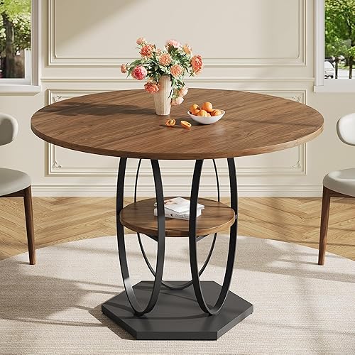 Mesa de comedor redonda de 42 pulgadas para 4 personas, mesa de madera moderna con base de pedestal de metal resistente, fácil montaje, mesa de