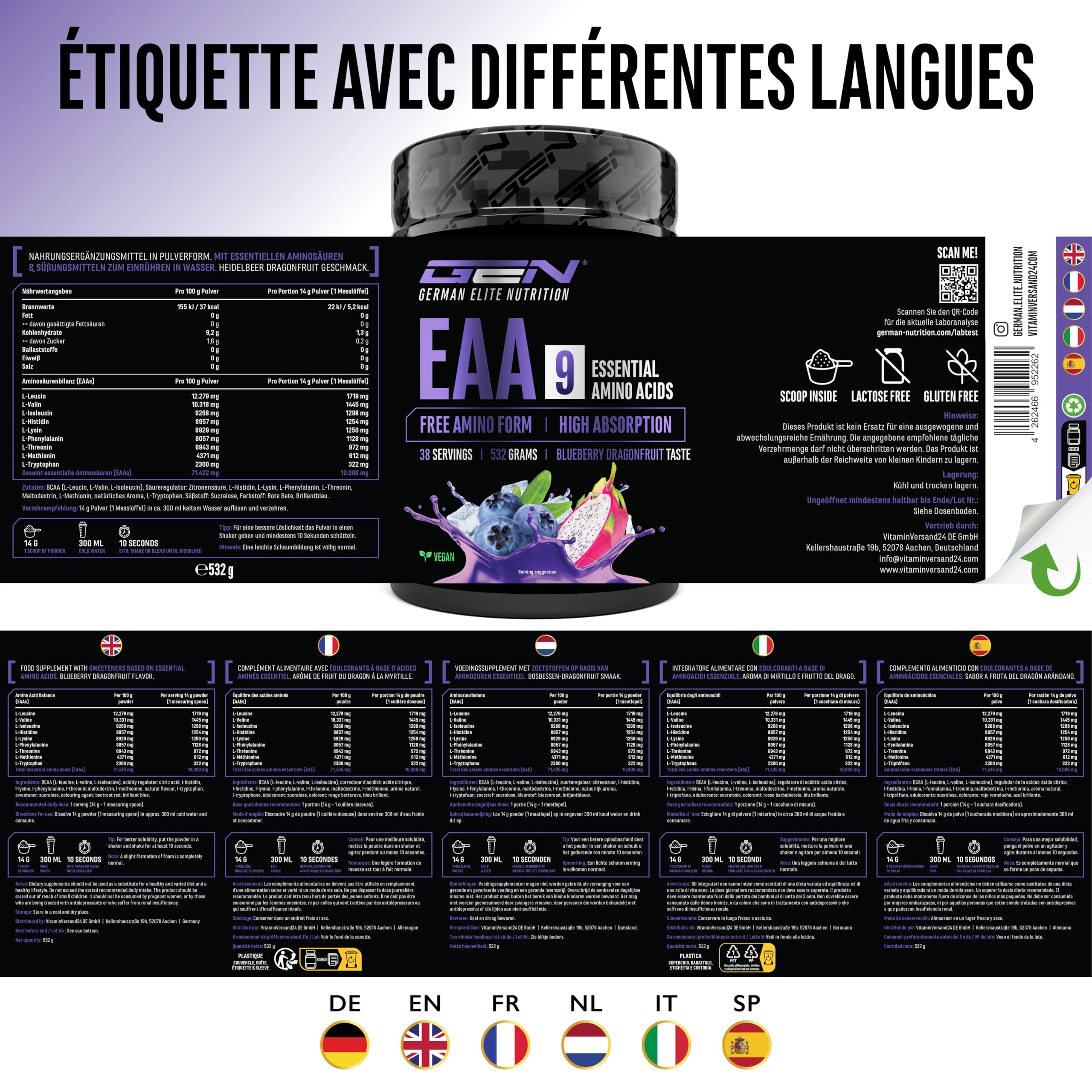 Poudre d’EAA 532 g (38 portions) - Les 9 acides aminés essentiels incl. histidine & BCAA - Formule Human Code - Très bonne solubilité - Boisson d’acides aminés rafraîchissante (Blueberry Dragonfruit)