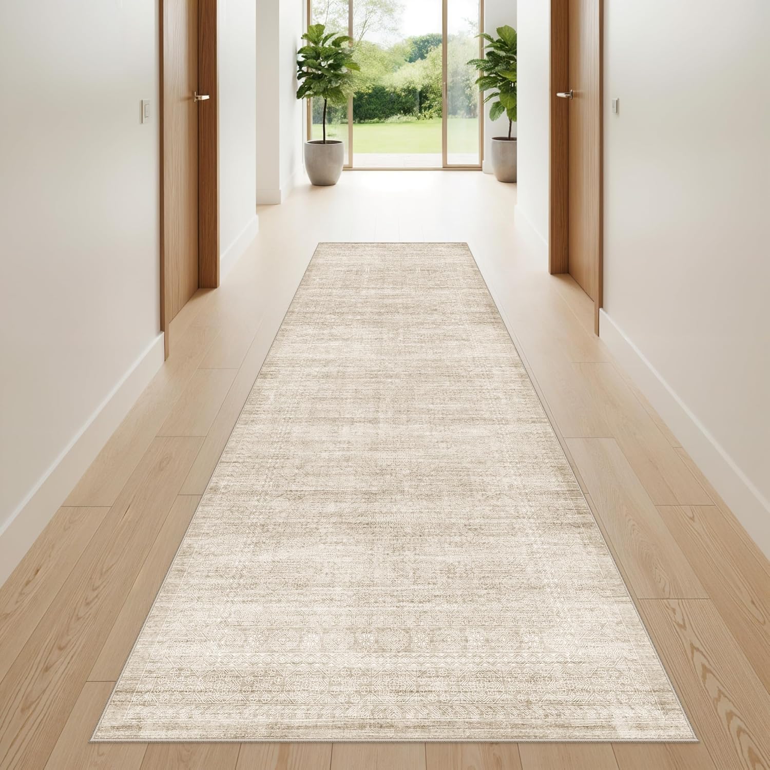 3x10 Washable Hallway Runner Rug - Non Slip Modern Wide Carpet for Kitchen Entryway Bathroom Low Pile Thin Long Floor Mat Indoor Abstract Soft Carpet for Bedroom Living Room(3x10,Neutral/Beige) image 5