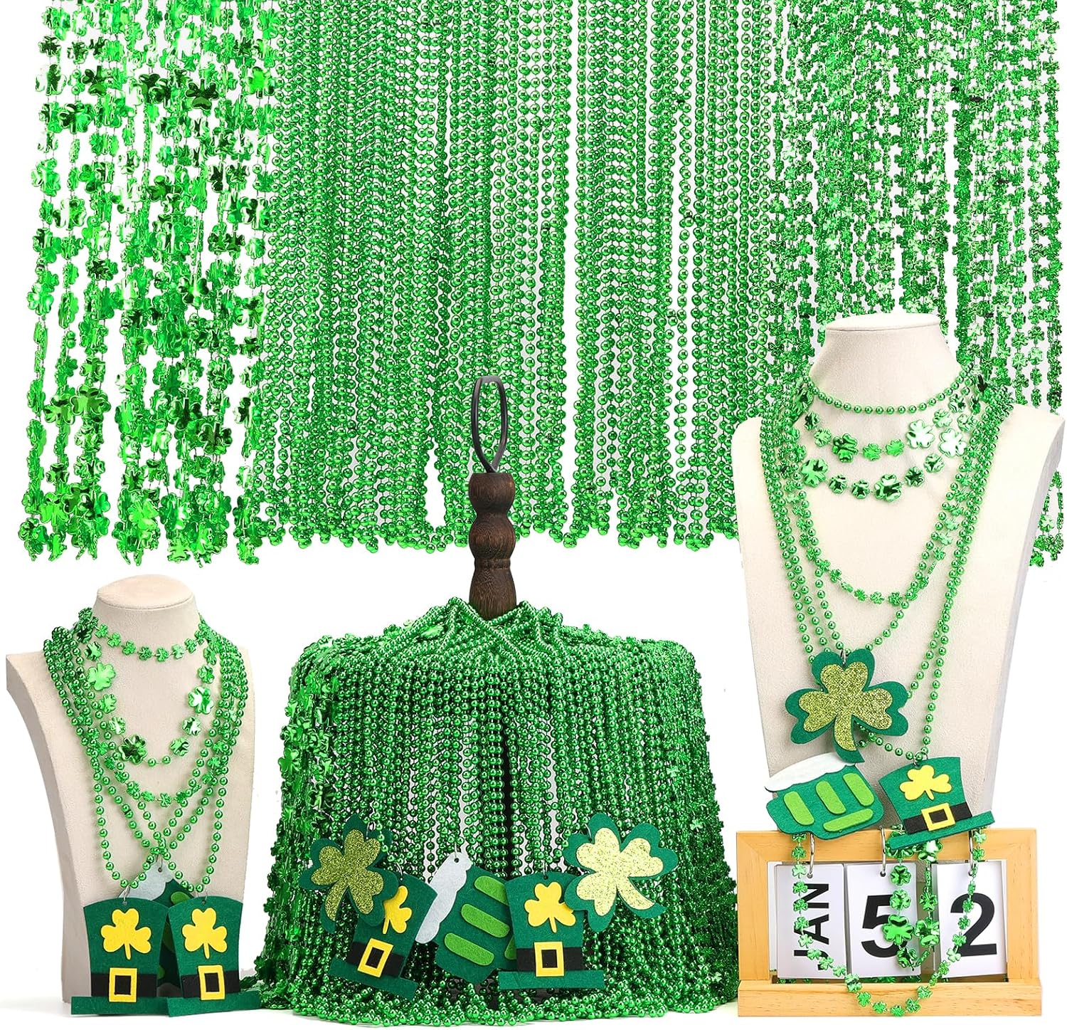 100 200 Pack St. Patricks' Day Beads Necklaces Bulk, Shamrock Necklaces Green Beaded Necklaces For Irish St. Patricks Party Decorations