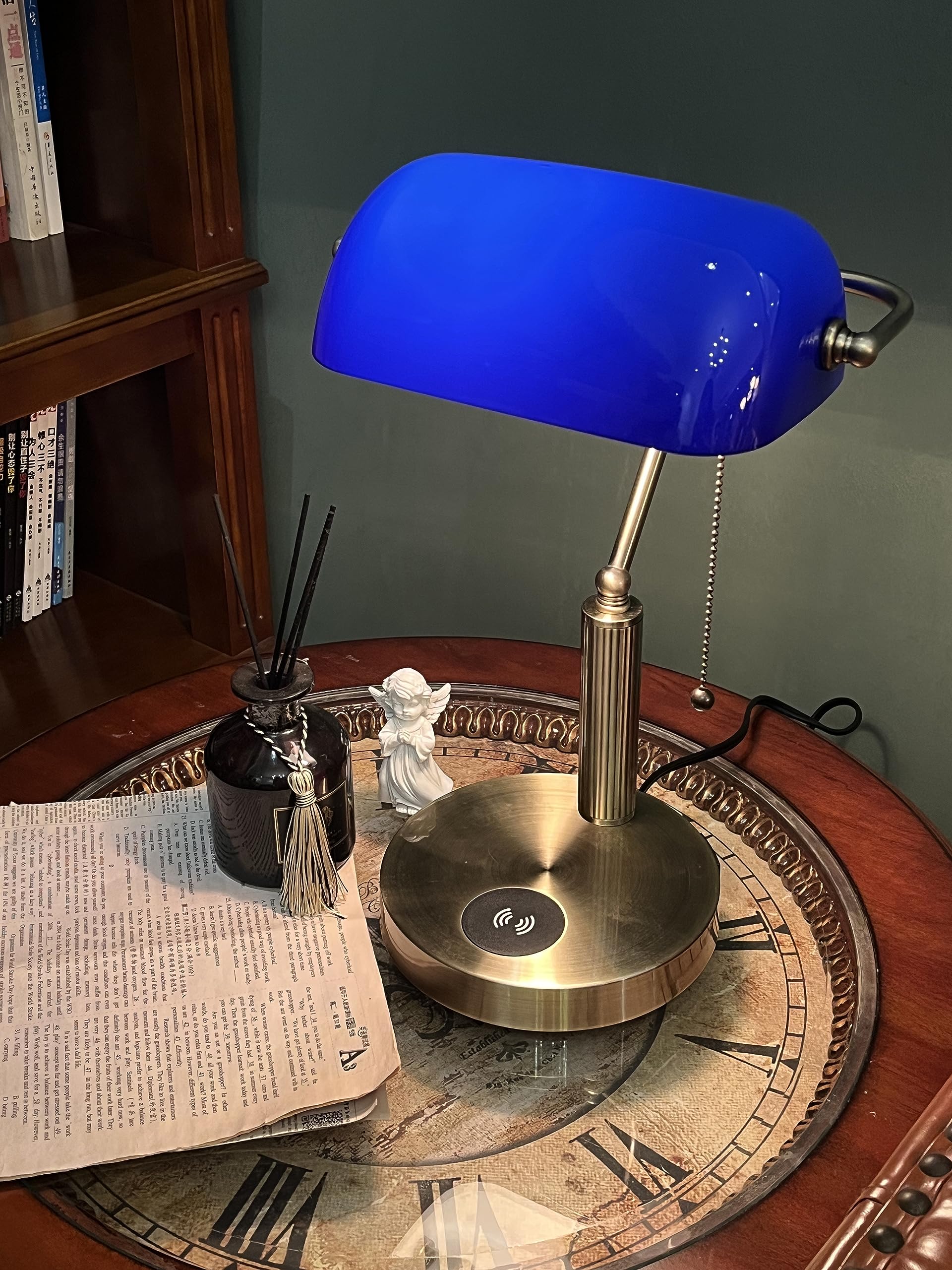 FIRVRE Azul Lámpara de Escritorio de Vidrio E27 Lámpara de Mesa Clásica con Puerto USB de Carga Inalámbrica Interruptor de Cadena de Latón Vintage Lámpara de Mesilla de Noche para el Hogar Oficina