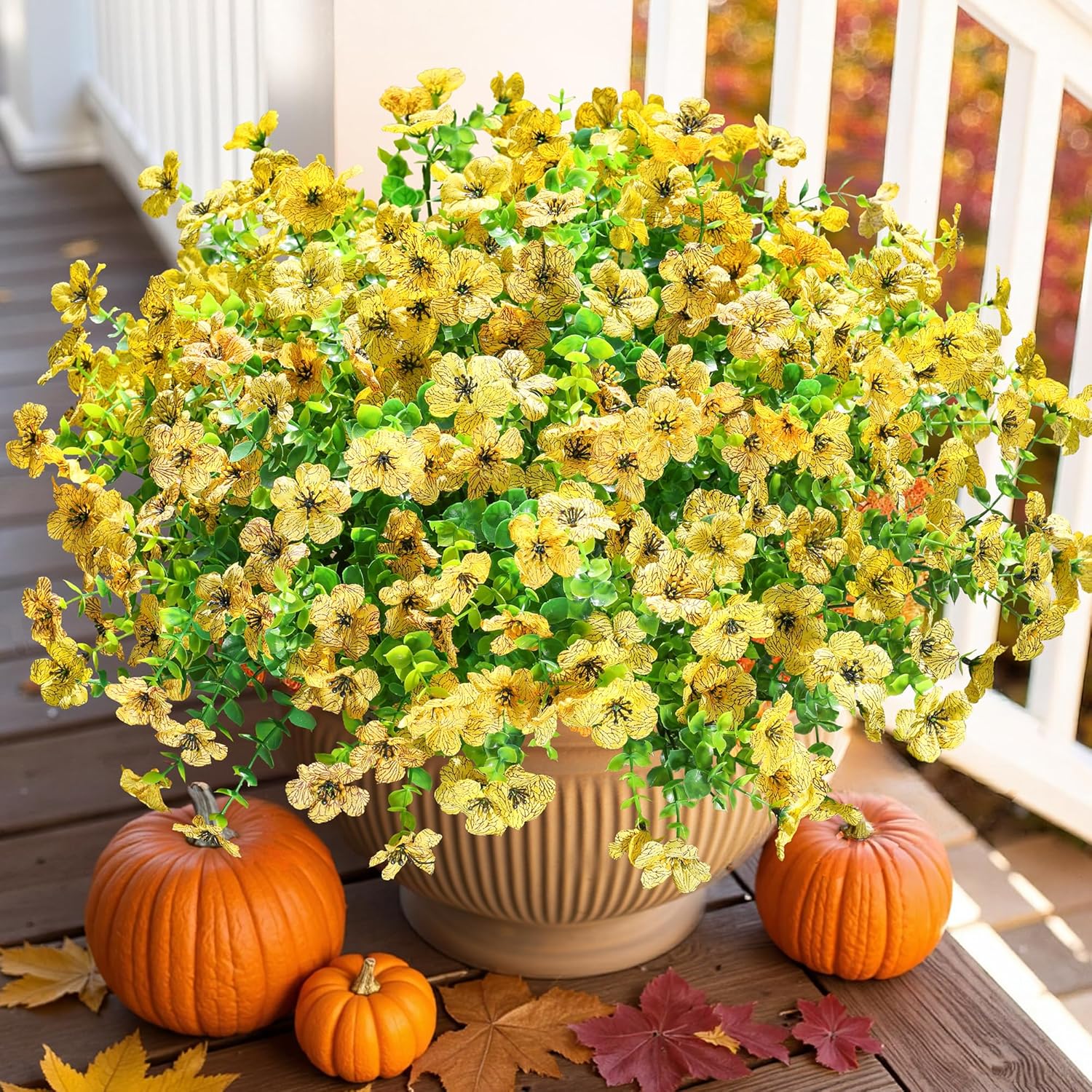 HyeFlora Artificial Fall Flowers Faux Mums for Outdoor Indoor Garden Home Decoration, Faux Flower Daisy with Eucalyptus Leaves Fake Plants Greenery Boxwood Porch Patio, 12 Bundles (Yellow) - Image 6