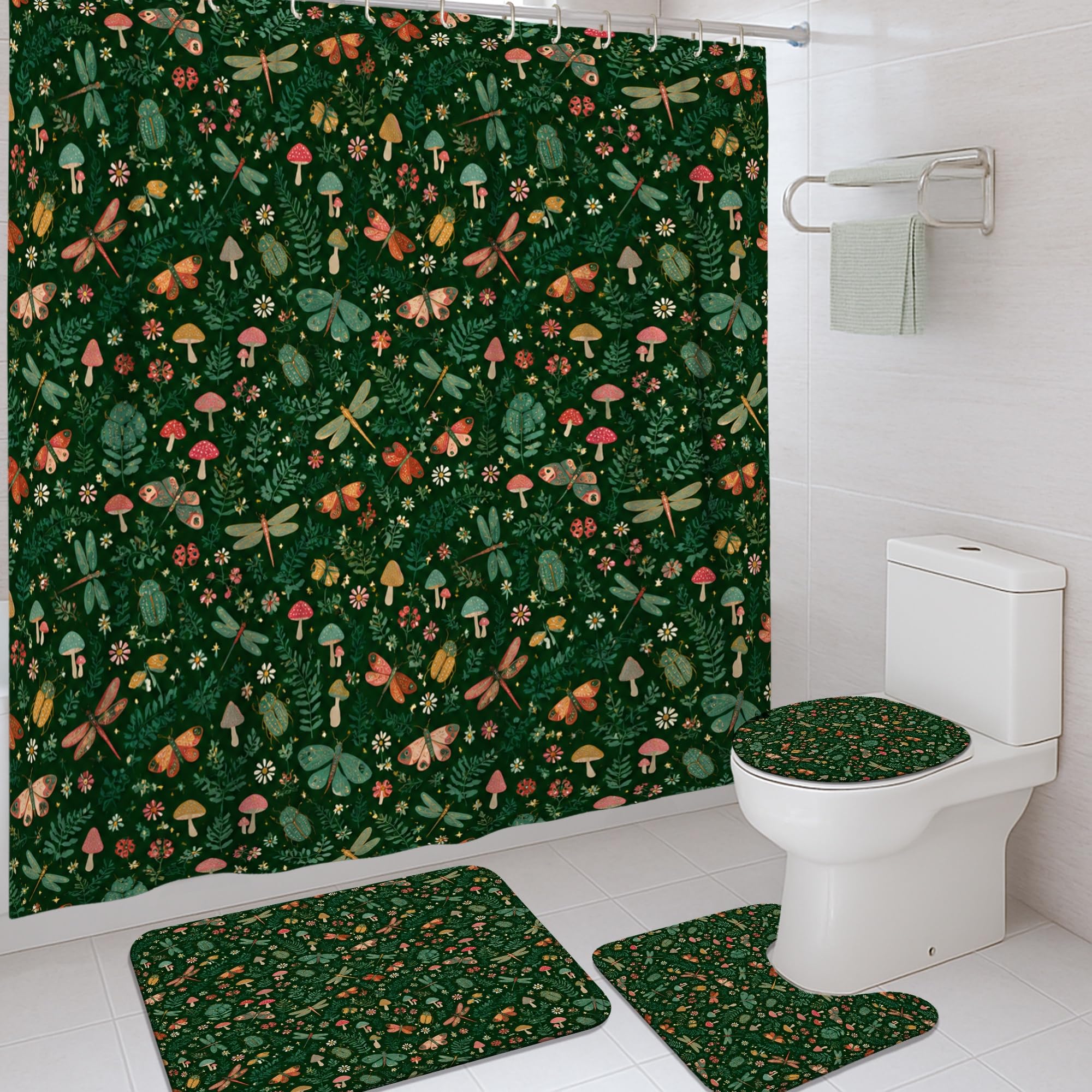 Rideau de douche libellule et tapis vert d'été en toile lavable 183x183 cm