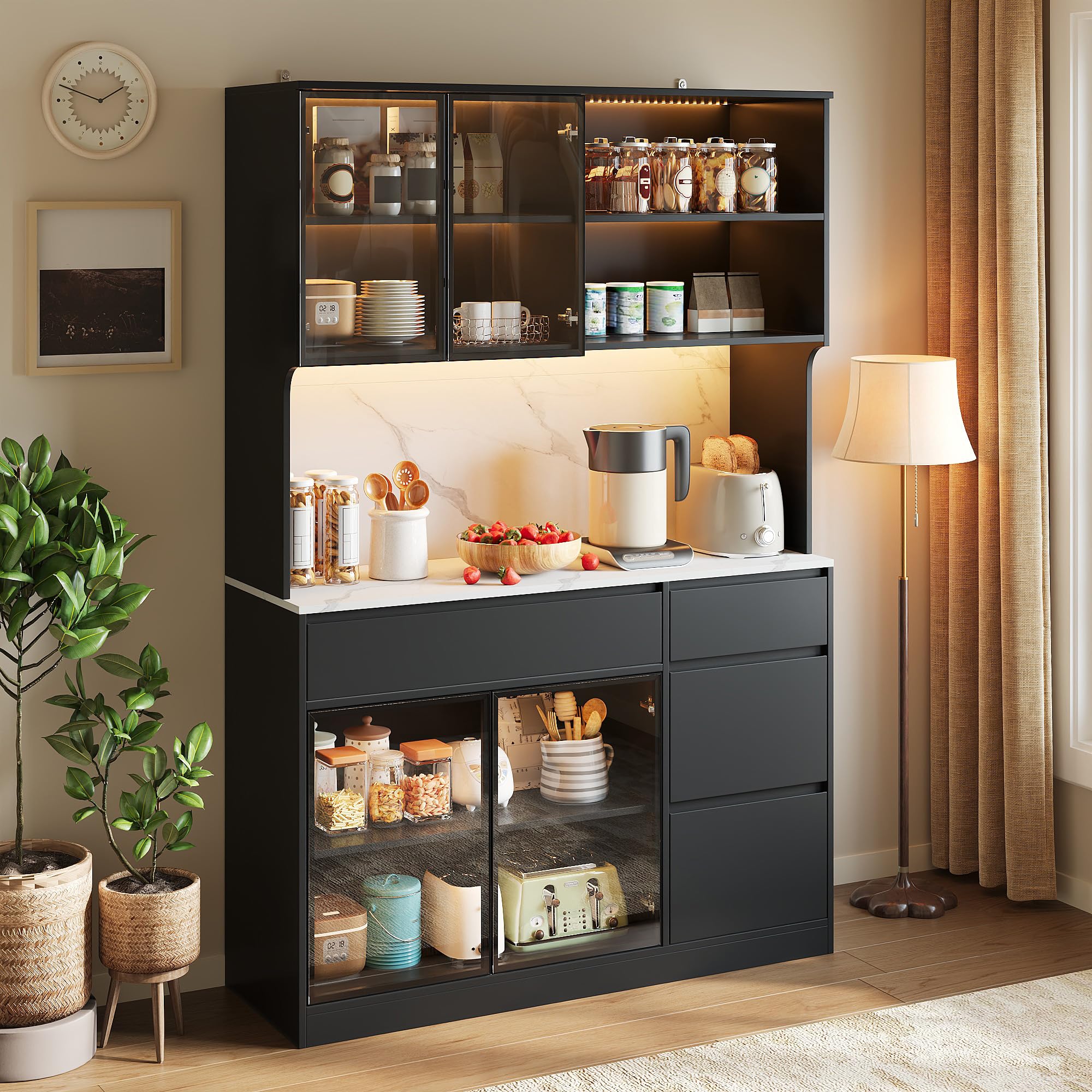 VILUXE Küchenschrank, Hochschrank Küchenbuffet Vitrinenschrank, Buffetschrank Mit LED Und Marmoroptik, Esszimmerschrank Mit Schubladen, Für Wohnzimmer Küche, 120 X 40 X 180 cm, Weiß Schwarz Küche, Haushalt & Wohnen