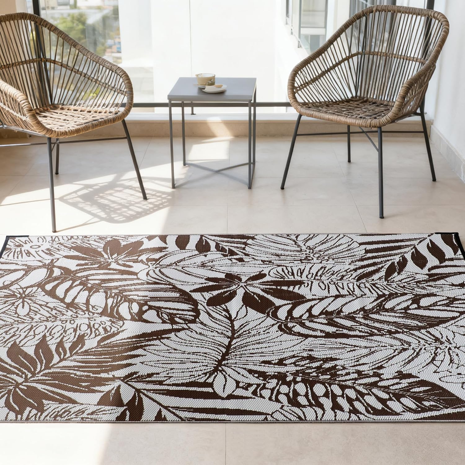 ‌Reversible Waterproof Outdoor Rug – Lightweight UV-Resistant Rug for Patio, Camping & Beach (Brown Leaves, 6' x 9' (Rectangular))